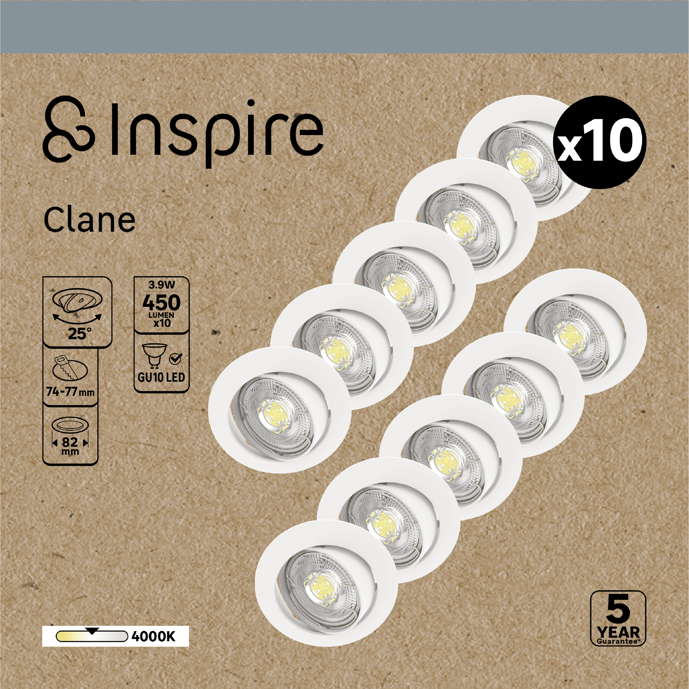 Set of 10 Clane recessed spotlights, white aluminium, D8.2 cm, GU10=6W, natural light, adjustable