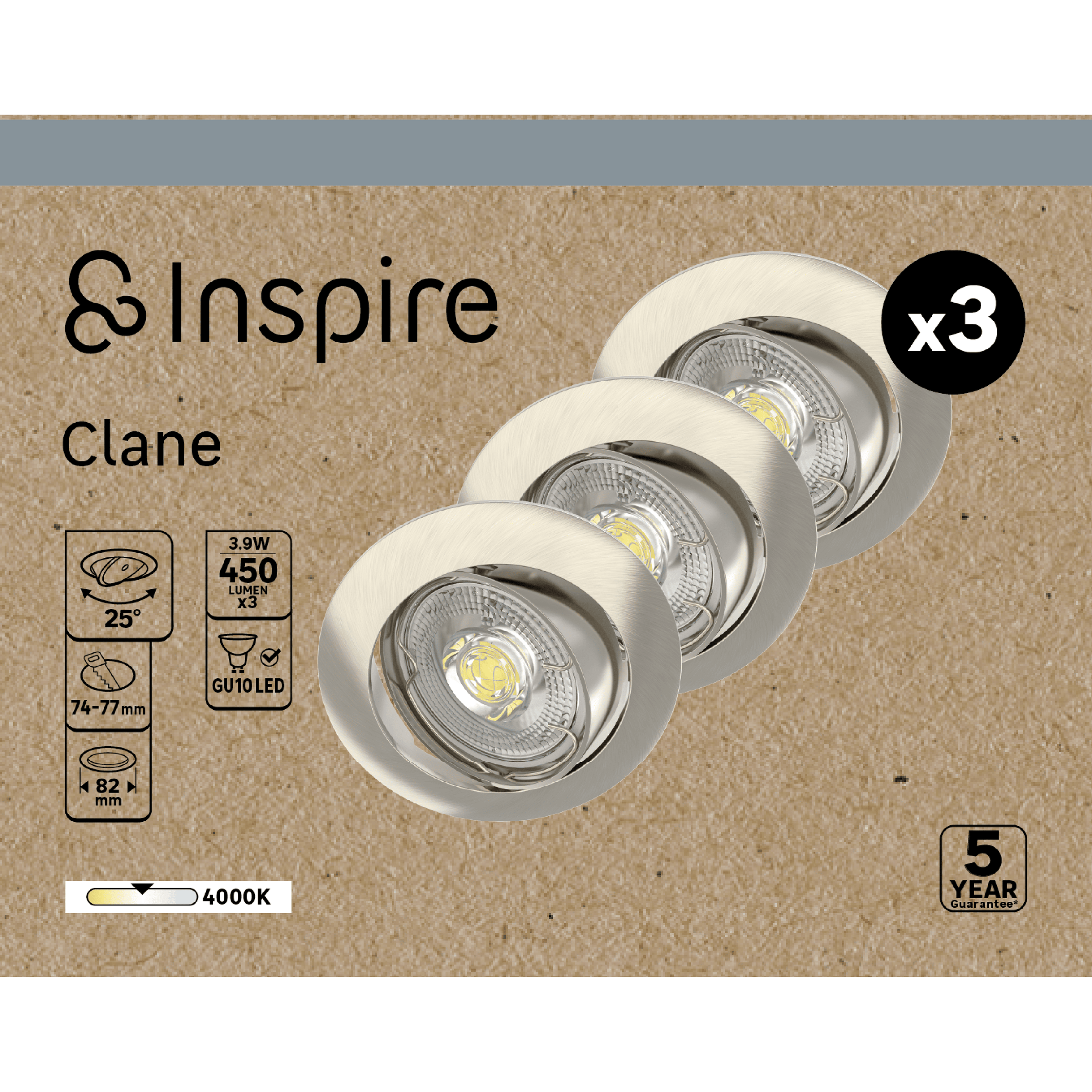 Set of 3 Clane recessed spotlights, nickel aluminium, D8.2 cm, LED GU10=6W, natural light, adjustable