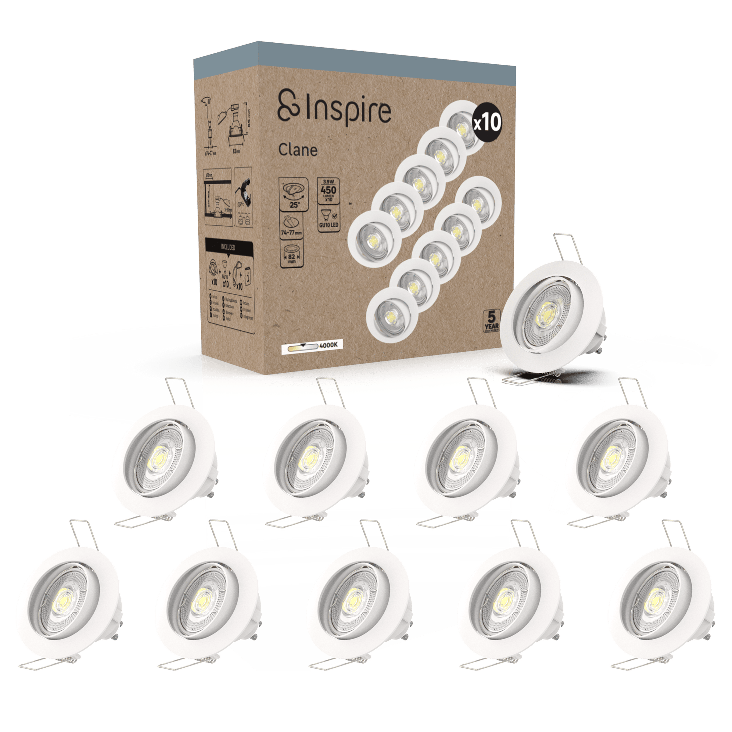 Set of 10 Clane recessed spotlights, white aluminium, D8.2 cm, GU10=6W, natural light, adjustable