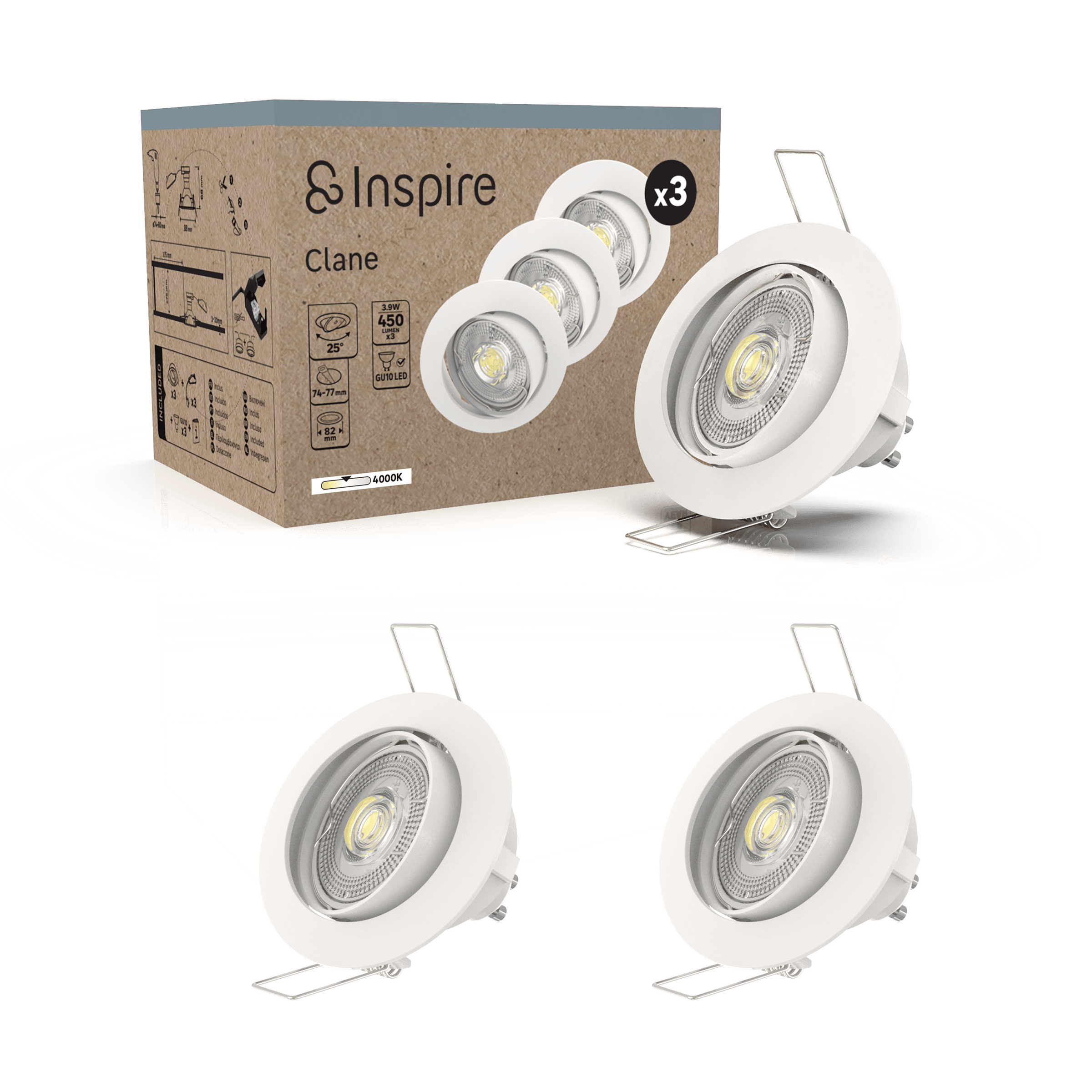Set of 3 Clane recessed spotlights, white aluminium, D8.2 cm, LED GU10=6W, natural light, adjustable