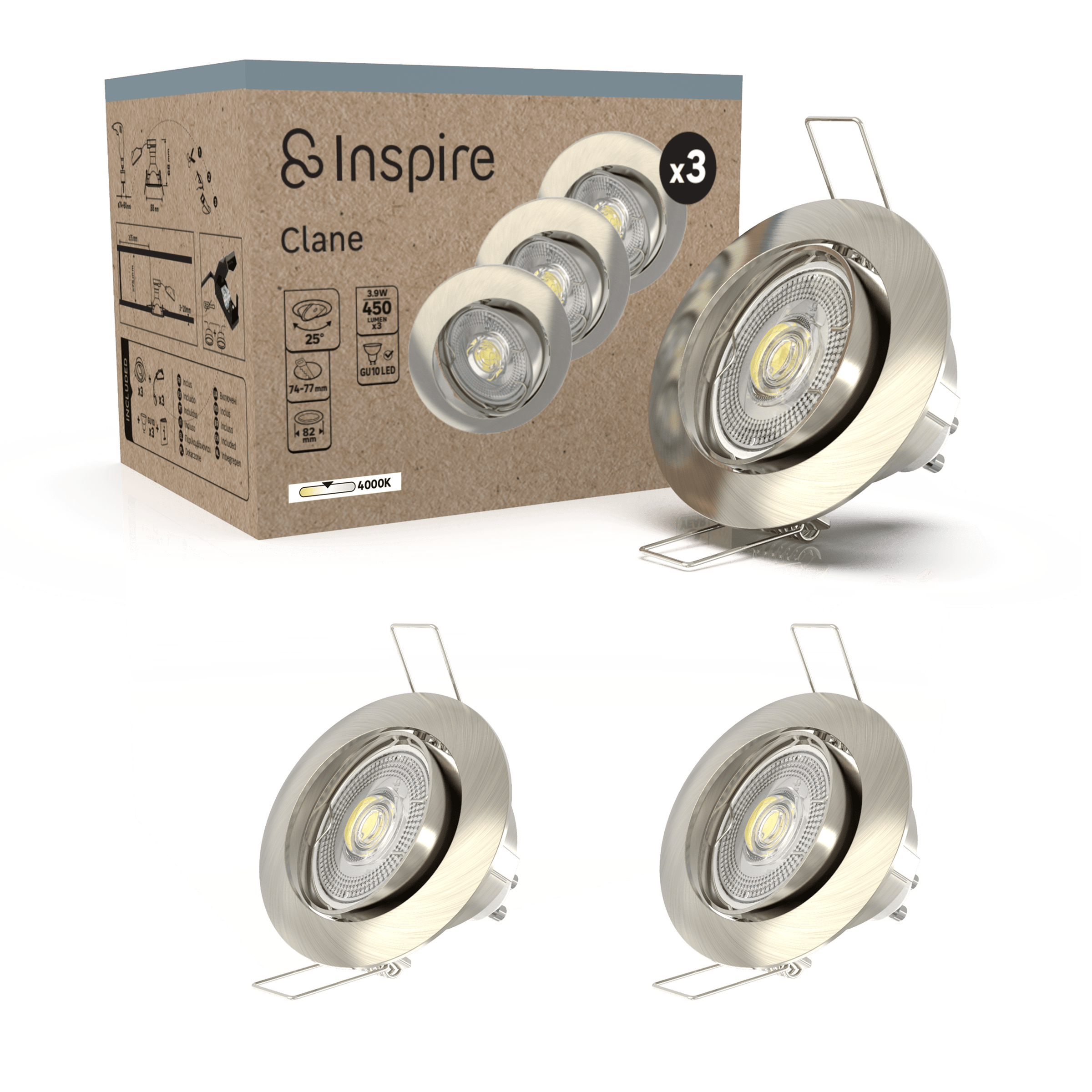 Set of 3 Clane recessed spotlights, nickel aluminium, D8.2 cm, LED GU10=6W, natural light, adjustable