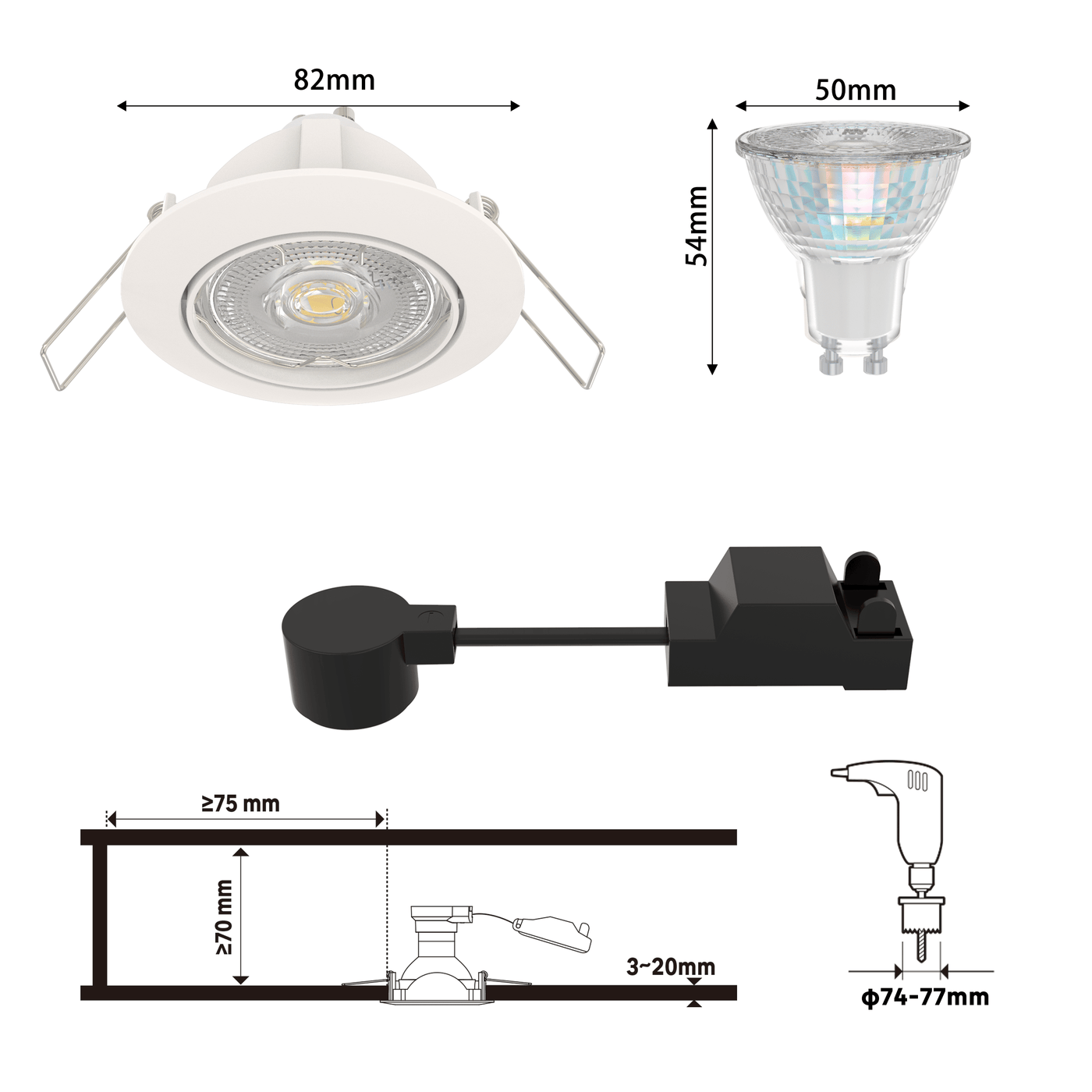 Set of 10 Clane recessed spotlights, white aluminium, D8.2 cm, GU10=6W, natural light, adjustable