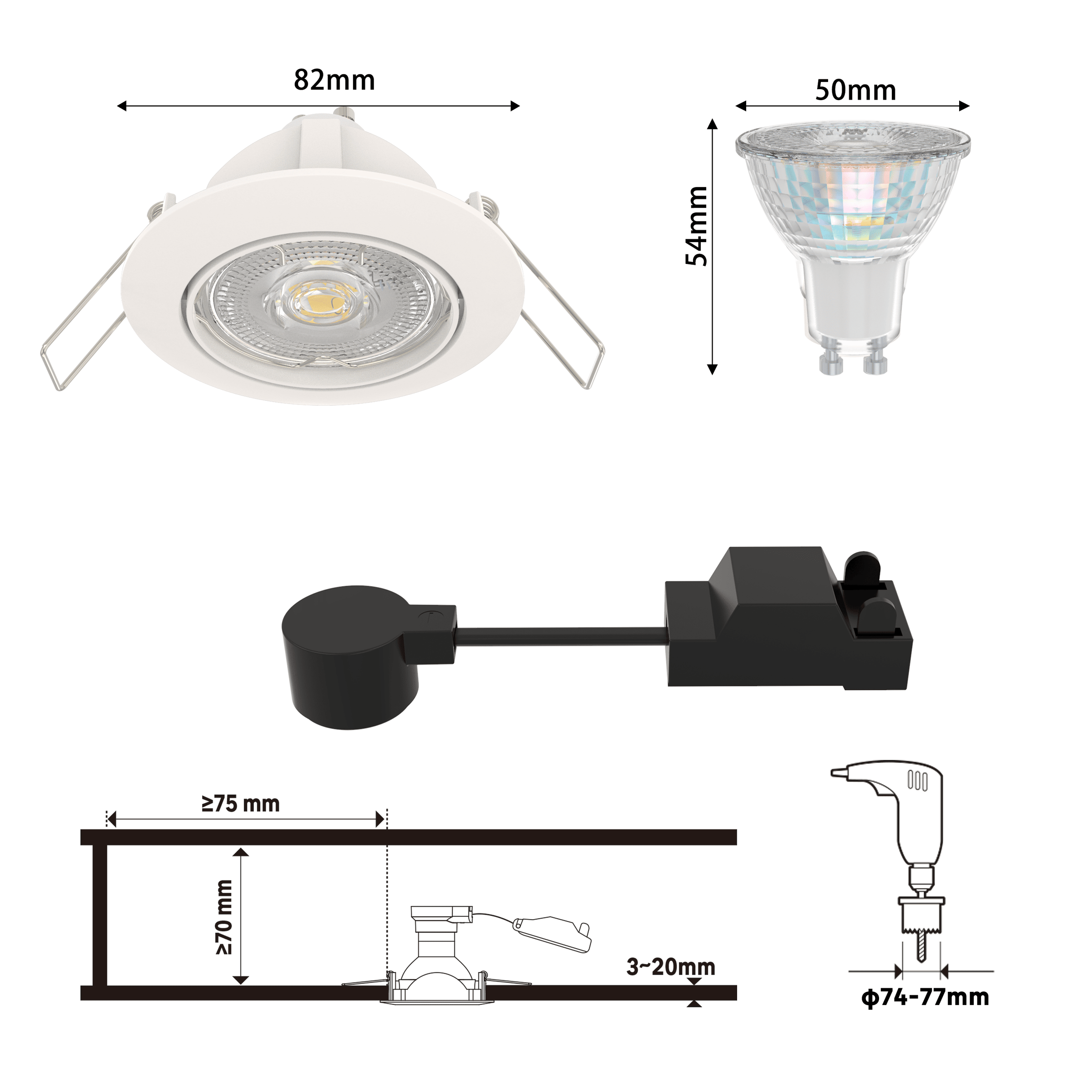 Set of 10 Clane recessed spotlights, white aluminium, D8.2 cm, GU10=6W, natural light, adjustable