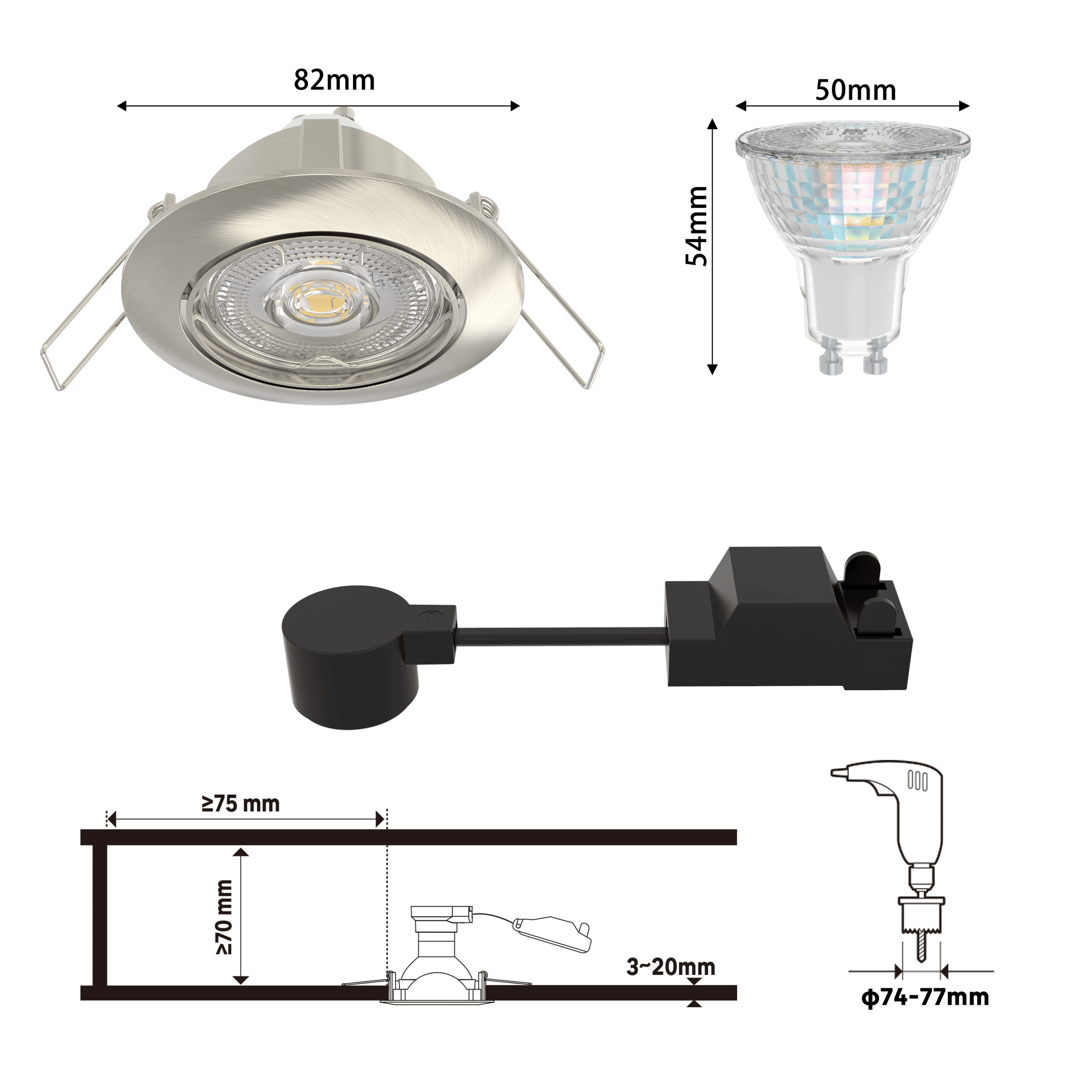 Set of 3 Clane recessed spotlights, nickel aluminium, D8.2 cm, LED GU10=6W, natural light, adjustable