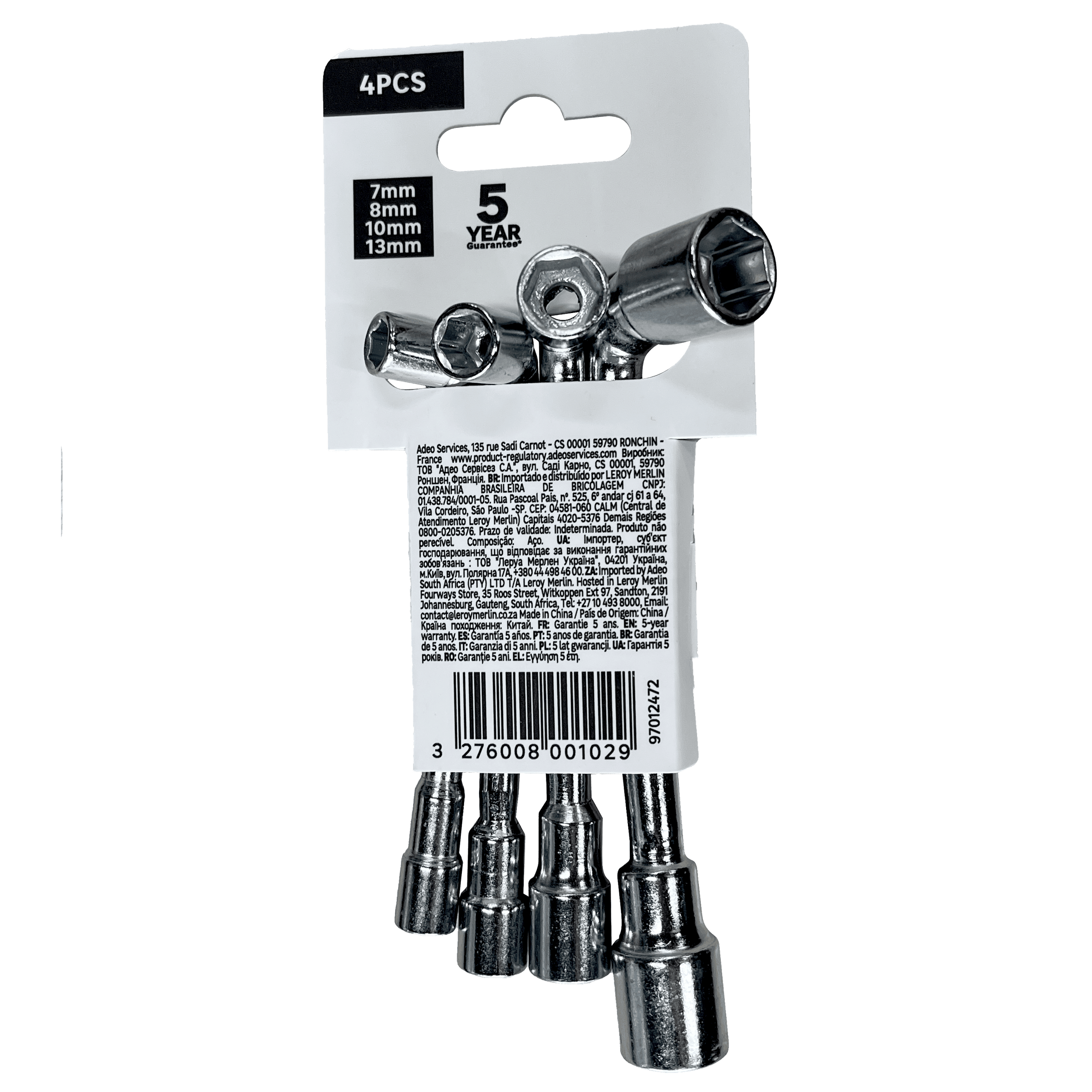 4-piece socket set: 7mm, 8mm, 10mm and 13mm