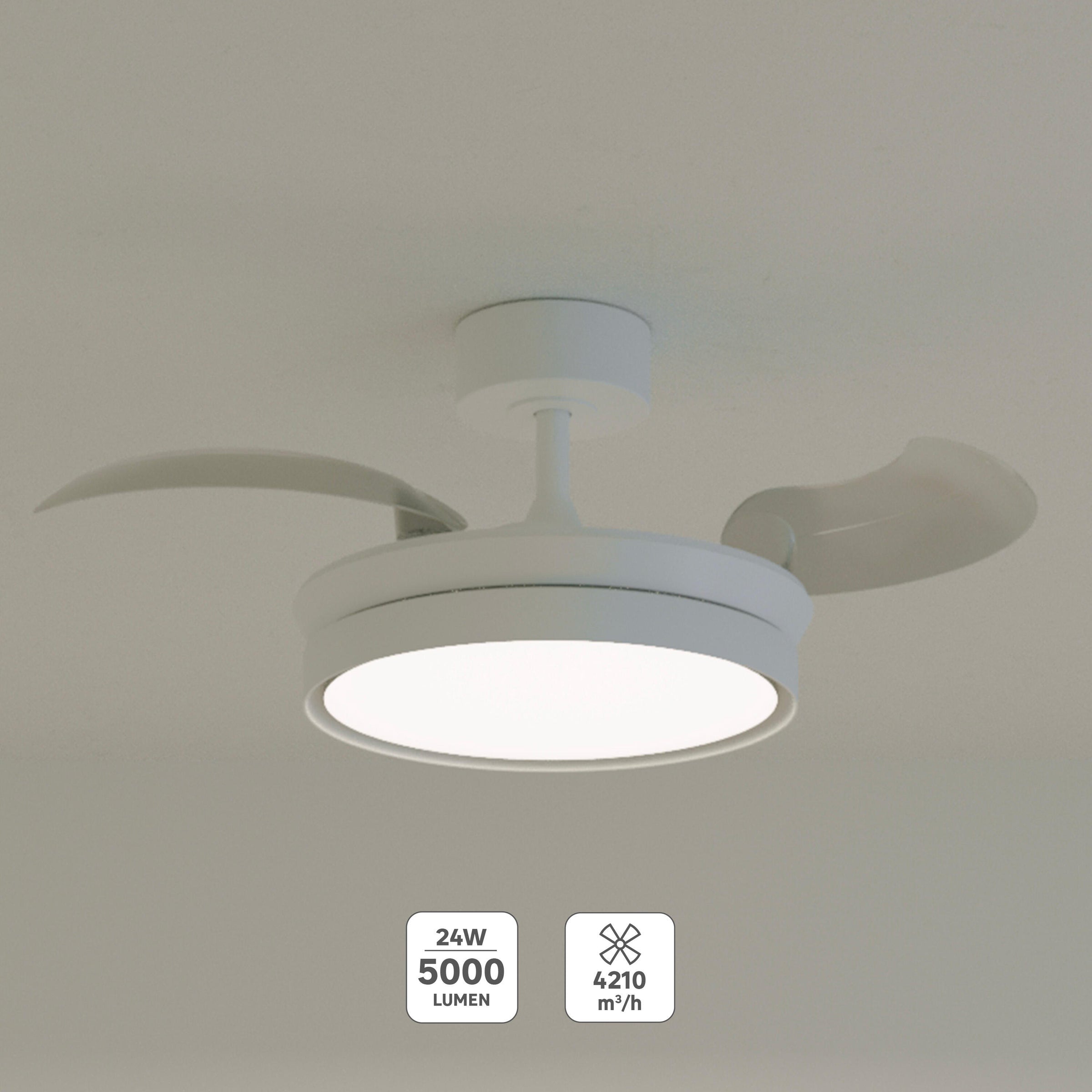 Ipora white acrylic ceiling fan light, 91 cm diameter, 3000 lm LED, CCT dimming, retractable blades