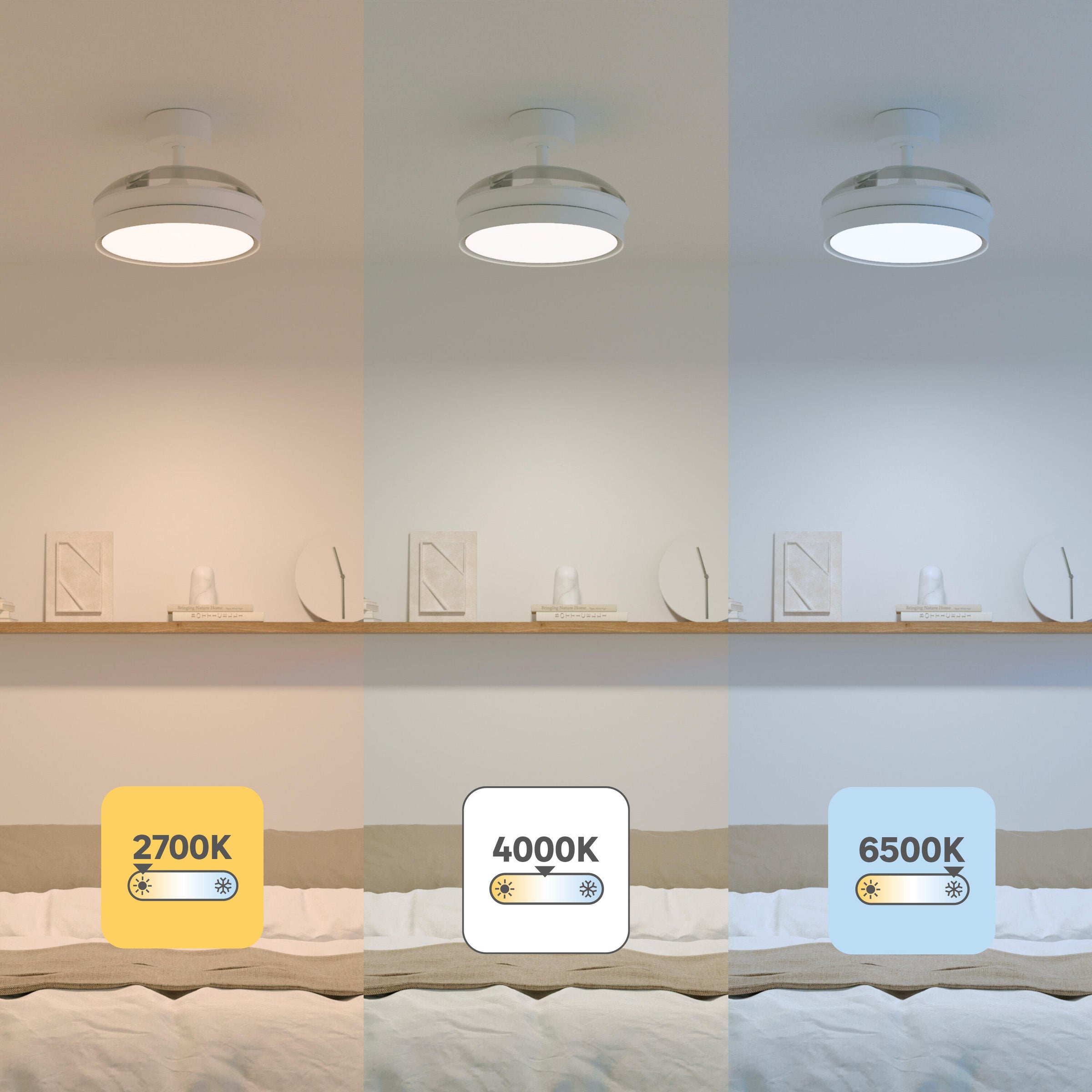 Ipora white acrylic ceiling fan light, 91 cm diameter, 3000 lm LED, CCT dimming, retractable blades