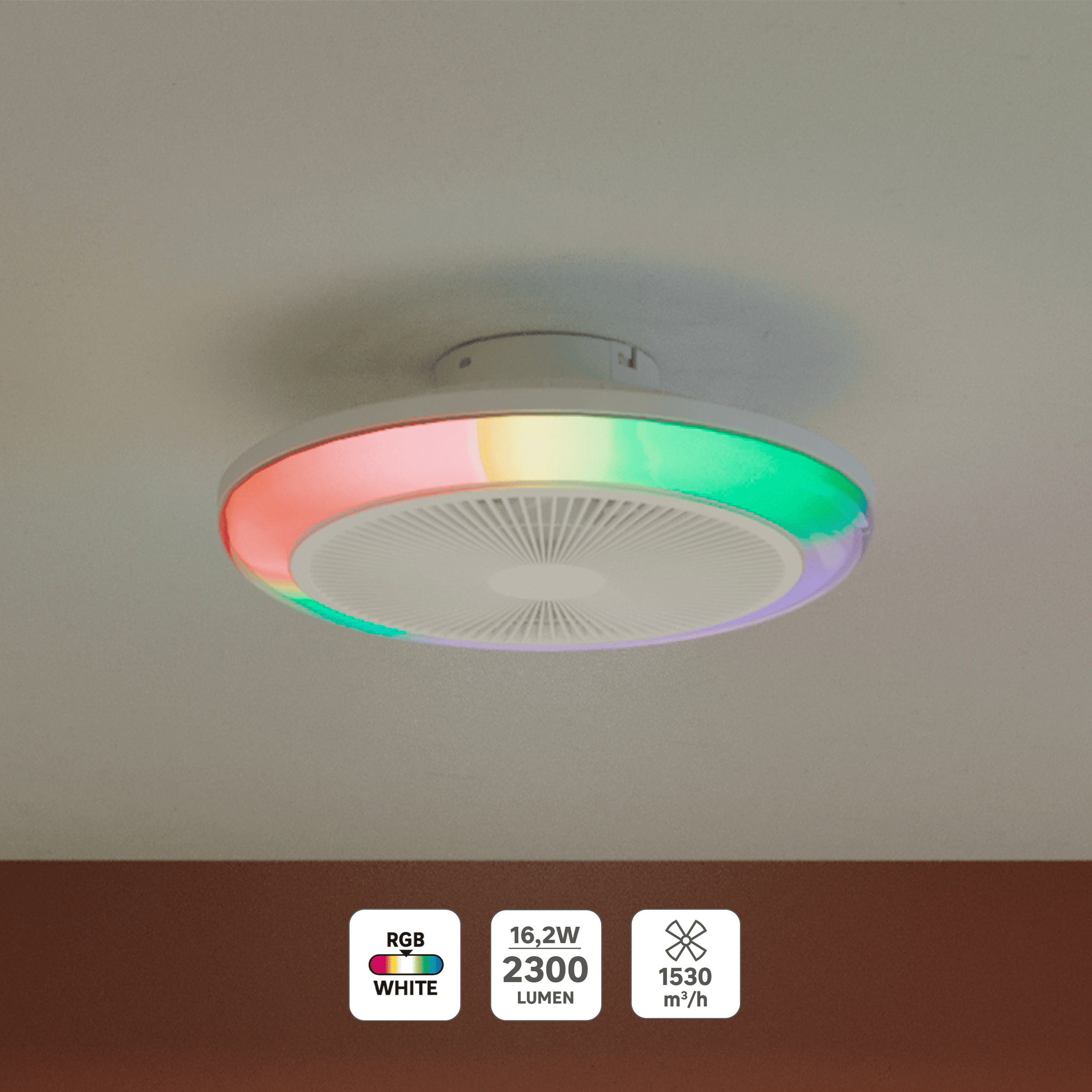 Patna ceiling light with fan, white plastic, D48 cm, LED 2300lm CCT dimmable RGBW