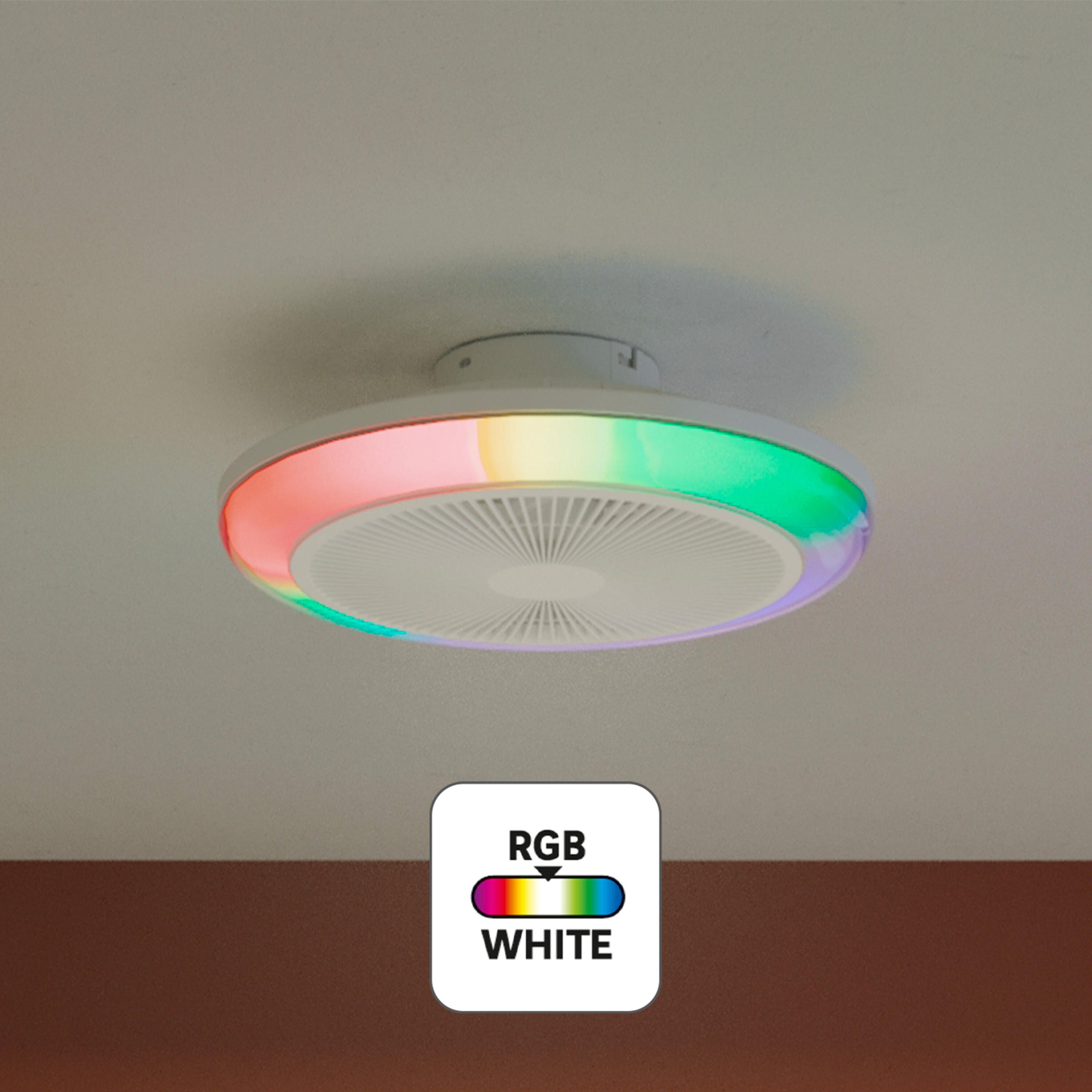 Patna ceiling light with fan, white plastic, D48 cm, LED 2300lm CCT dimmable RGBW