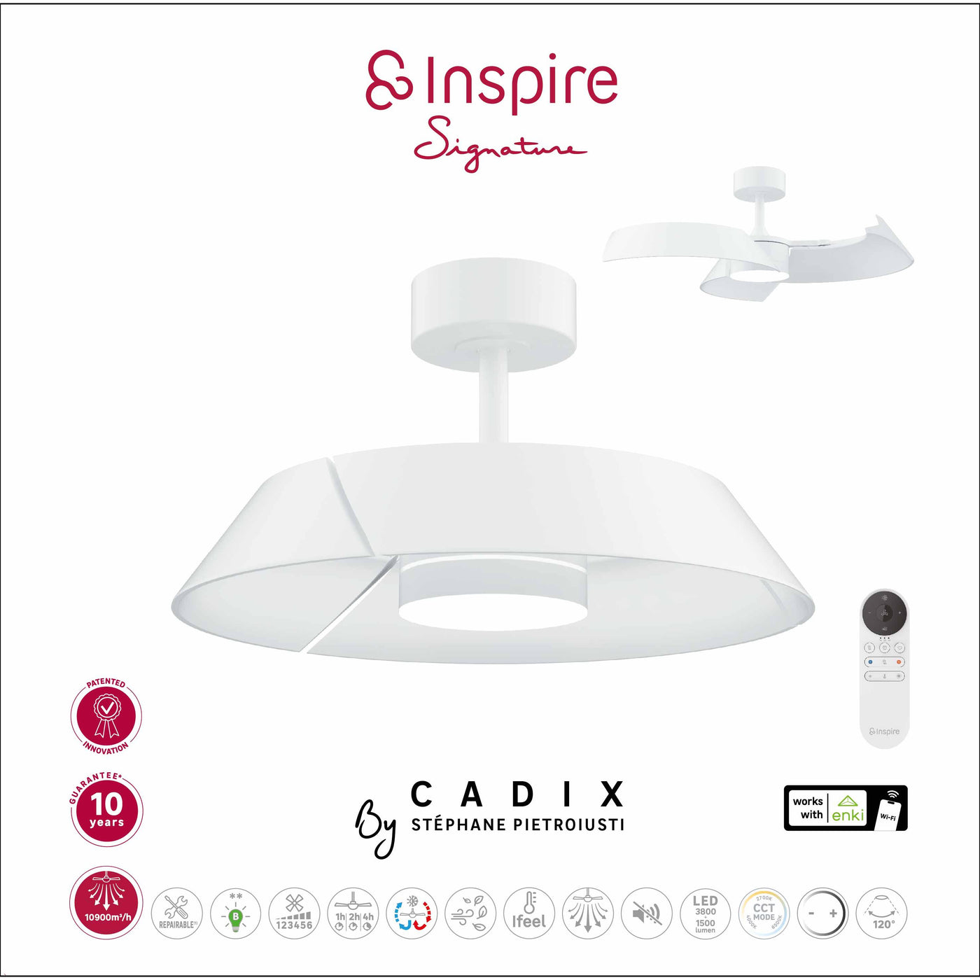 Cadix ceiling fan, white metal, D91 cm, LED 24W CCT dimmable, with retractable blades