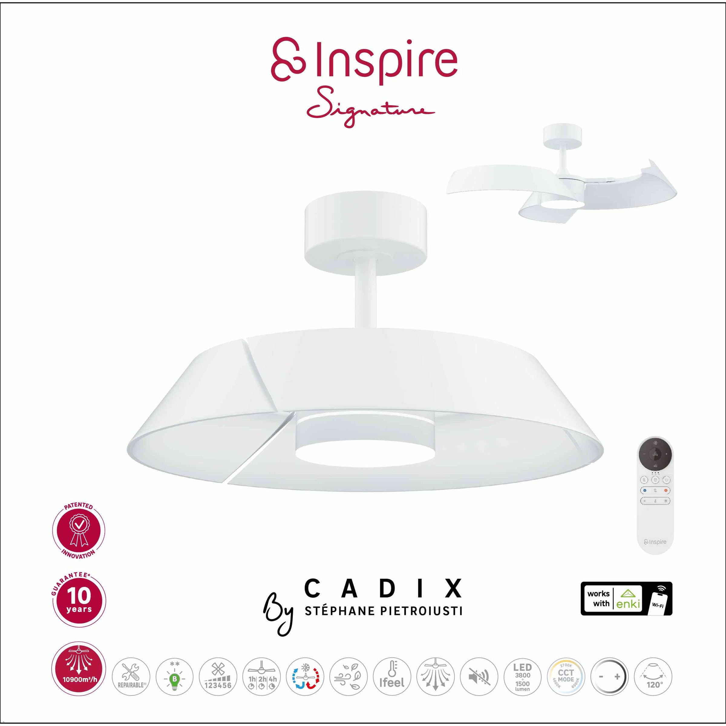 Cadix ceiling fan, white metal, D91 cm, LED 24W CCT dimmable, with retractable blades