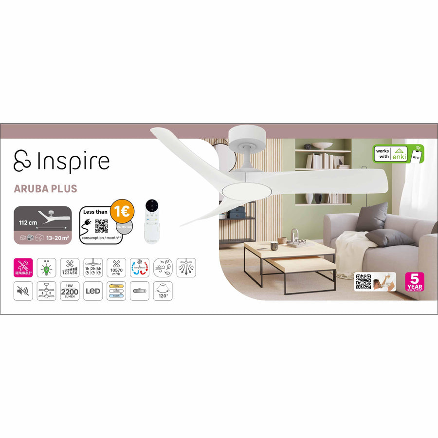 Ventilatore da soffito aruba plus plastica bianco d112 led 18w  4 pale cct dimmerabile
