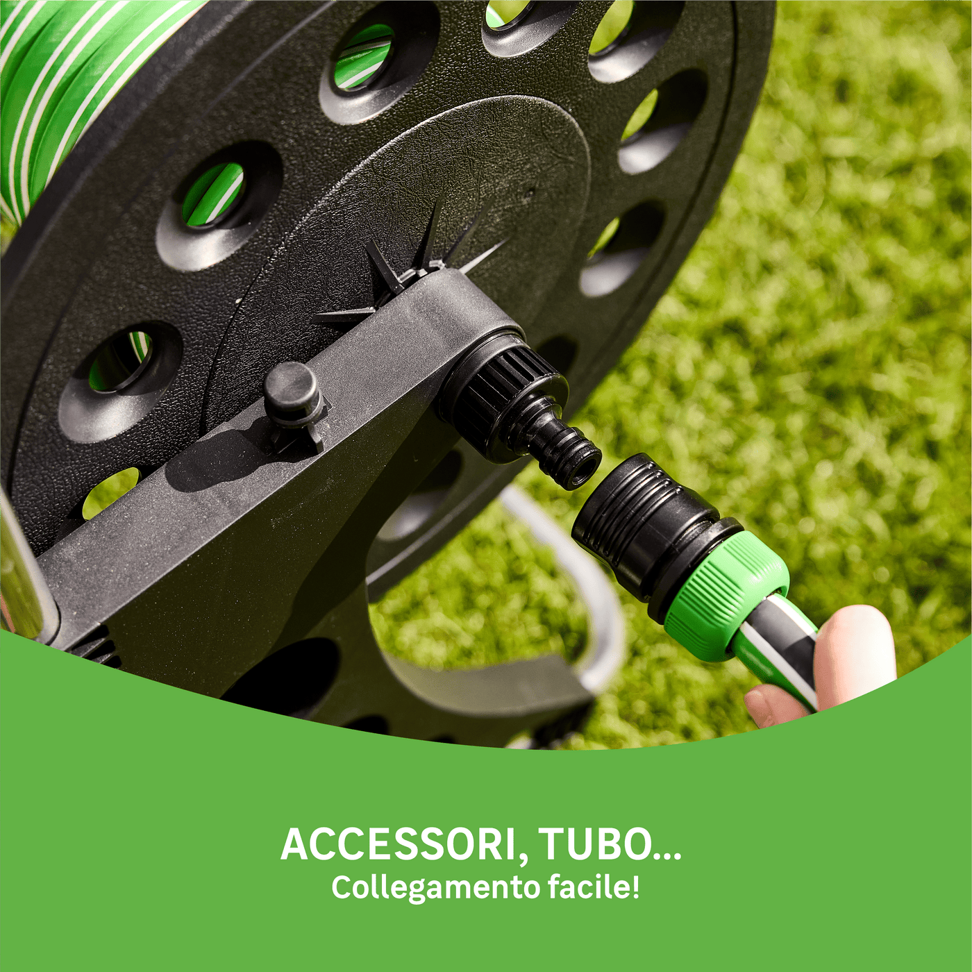 Hose reel trolley complete with a 25-metre 15mm Aqualis hose, a spray gun and Geolia fittings