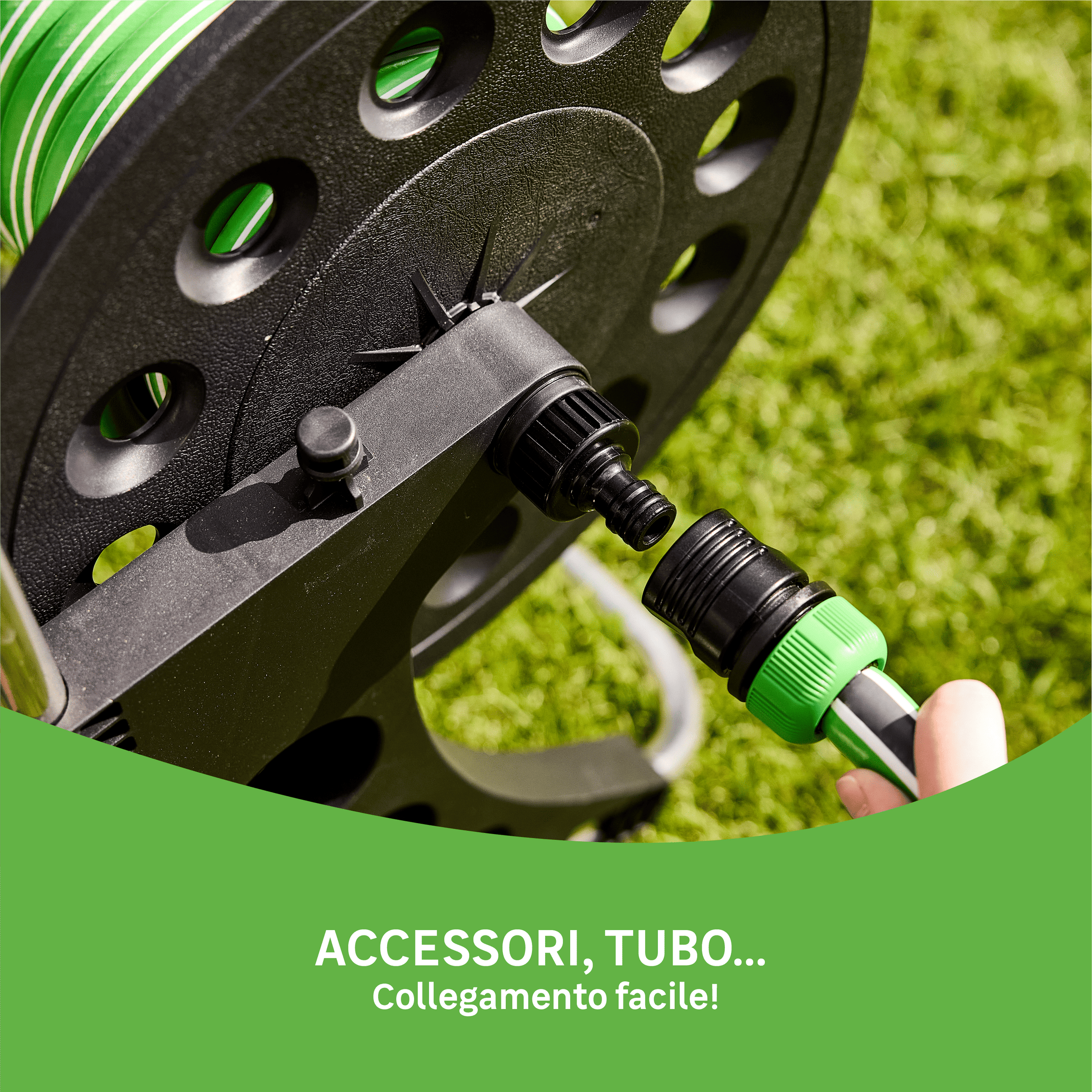 Hose reel trolley complete with a 25-metre 15mm Aqualis hose, a spray gun and Geolia fittings