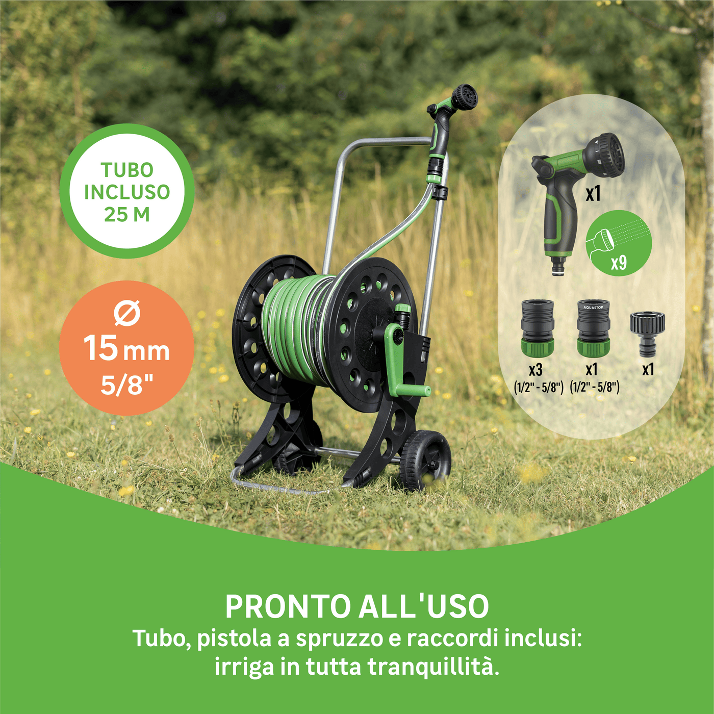 Hose reel trolley complete with a 25-metre 15mm Aqualis hose, a spray gun and Geolia fittings