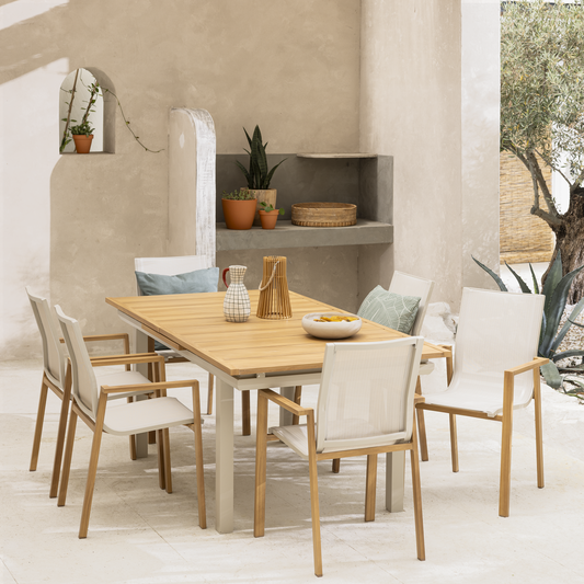 Odyssea table 188/244 x 100, made entirely of aluminium with a Naterial wood-effect finish