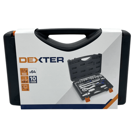64-piece Dexter socket and bit set in chrome-vanadium, assorted sizes, 1/4–1/2-inch drive