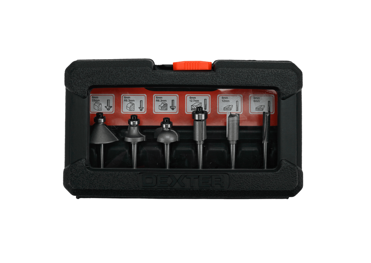 Set of 6 Dexter bits for a 6 mm shank router, with case