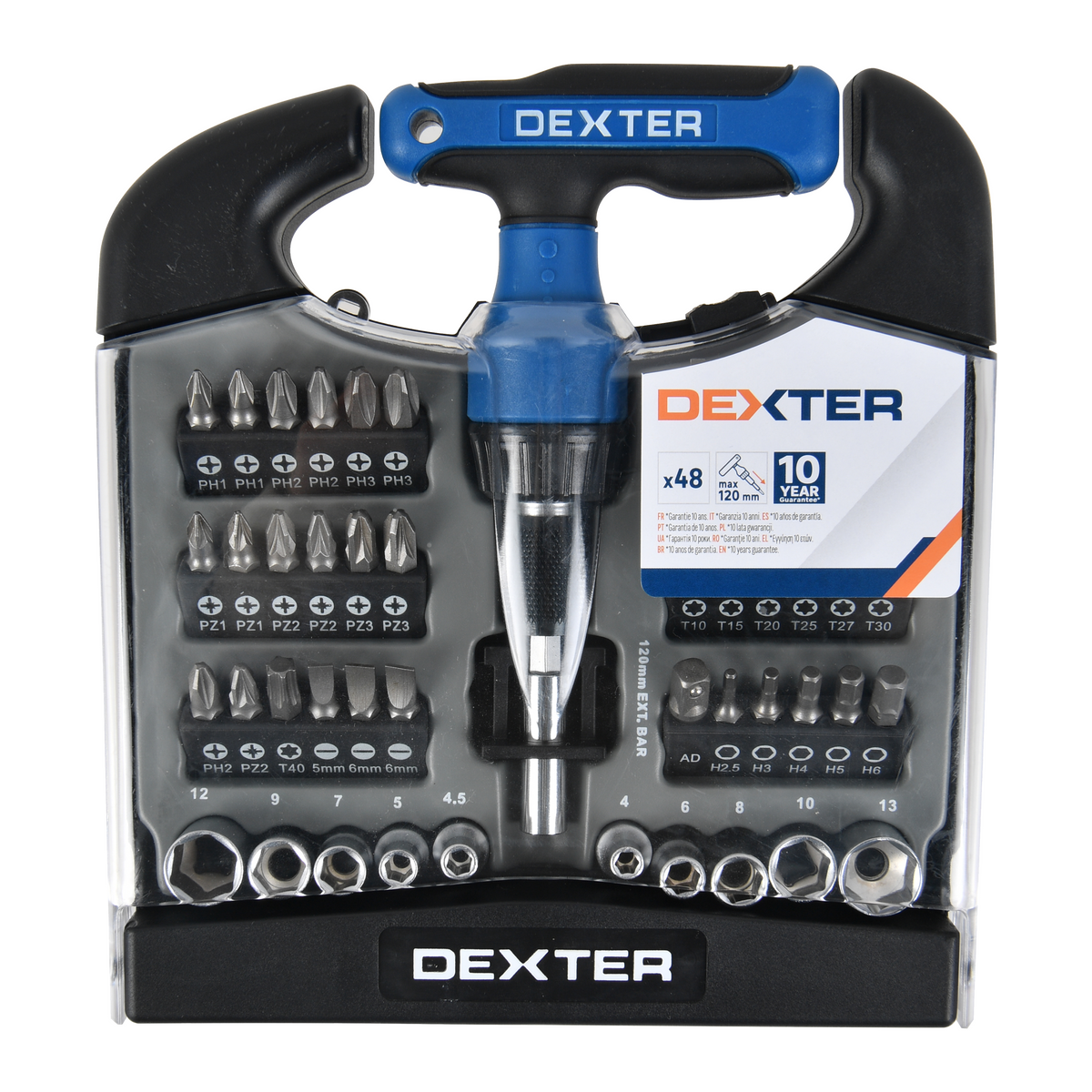 T-handle screwdriver set with bits and sockets, 48-piece set