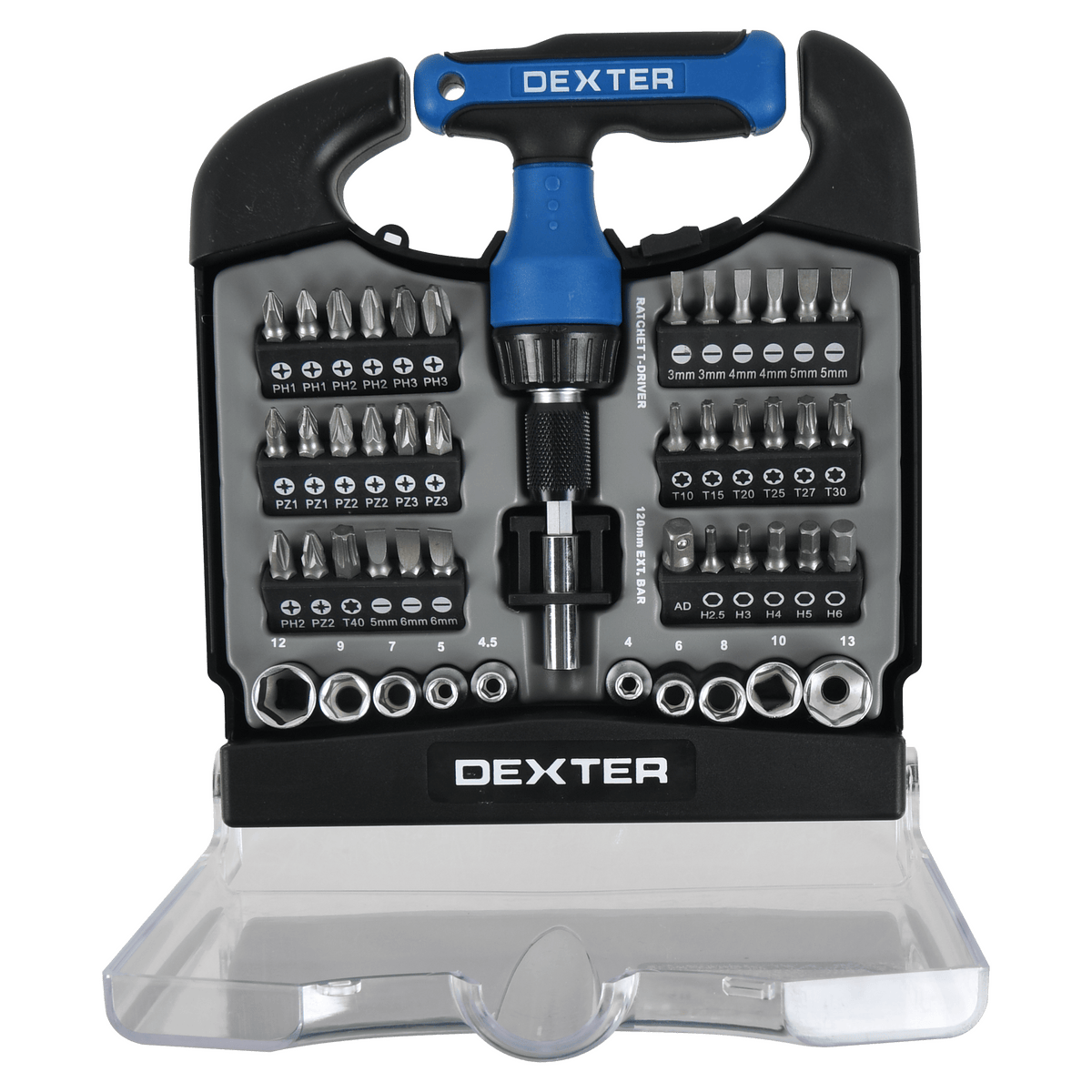 T-handle screwdriver set with bits and sockets, 48-piece set