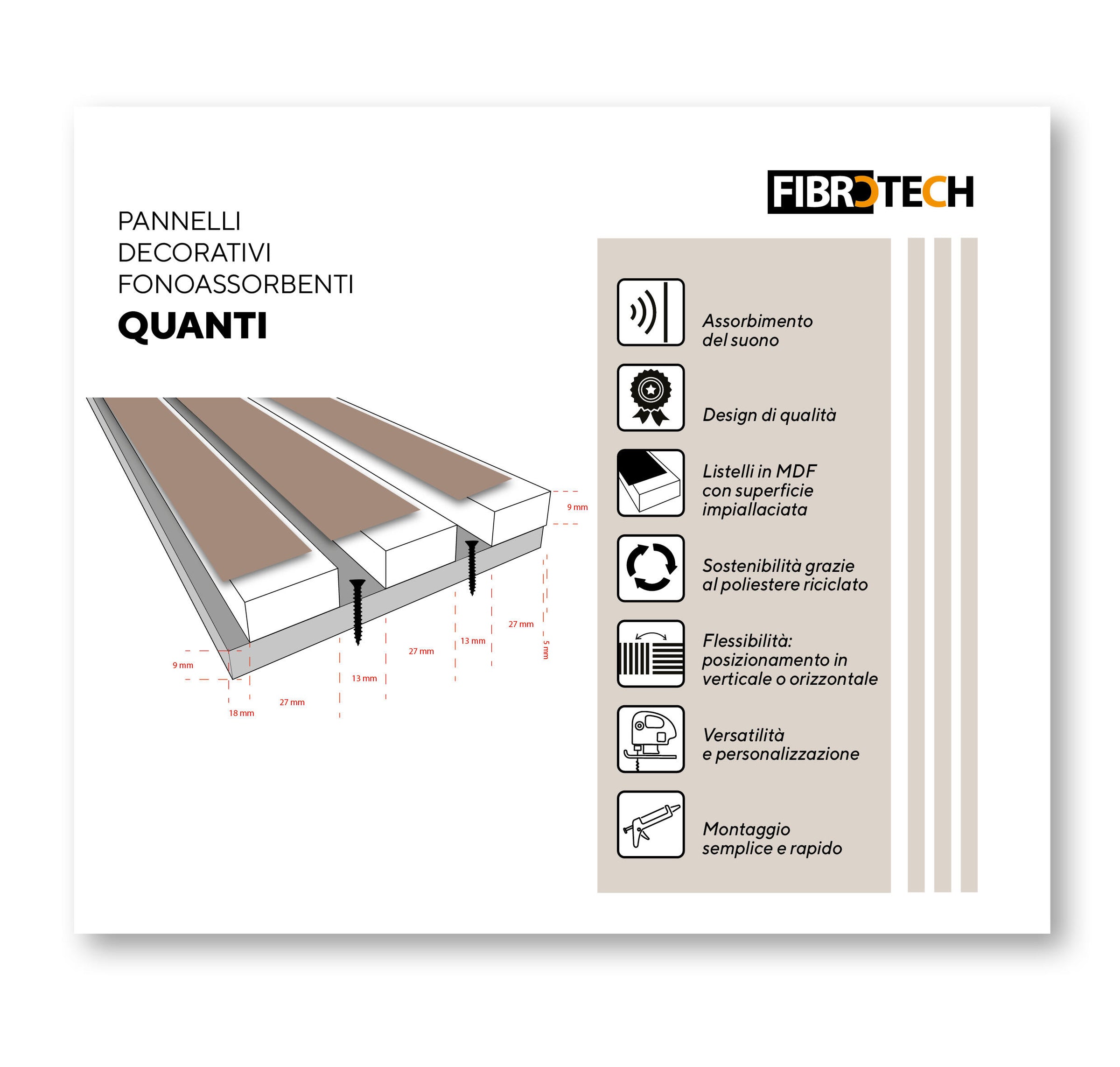 Quanti Fibrotech decorative sound-absorbing panel, oak, 244x52 cm, 18mm thick