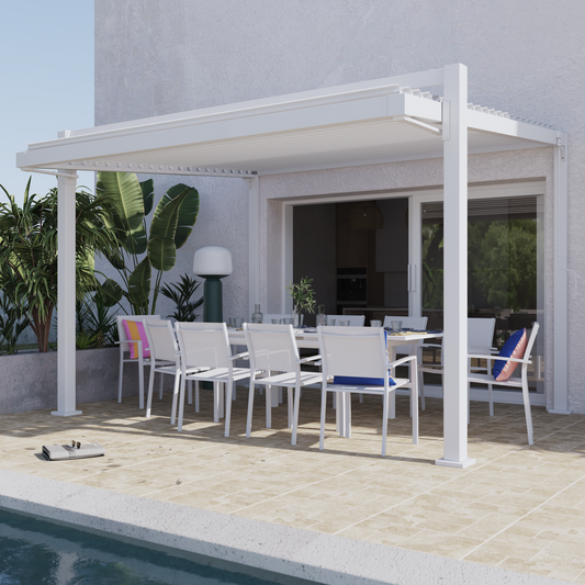 Clima Odyssea bioclimatic pergola in white Naterial aluminium, 319 x 380.5 cm