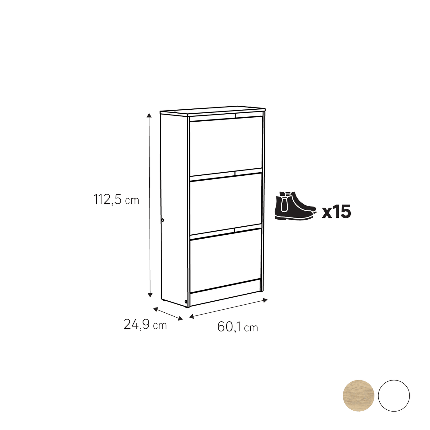 White 3-door shoe rack, W60 x D24.9 x H112.5, holds 15 pairs