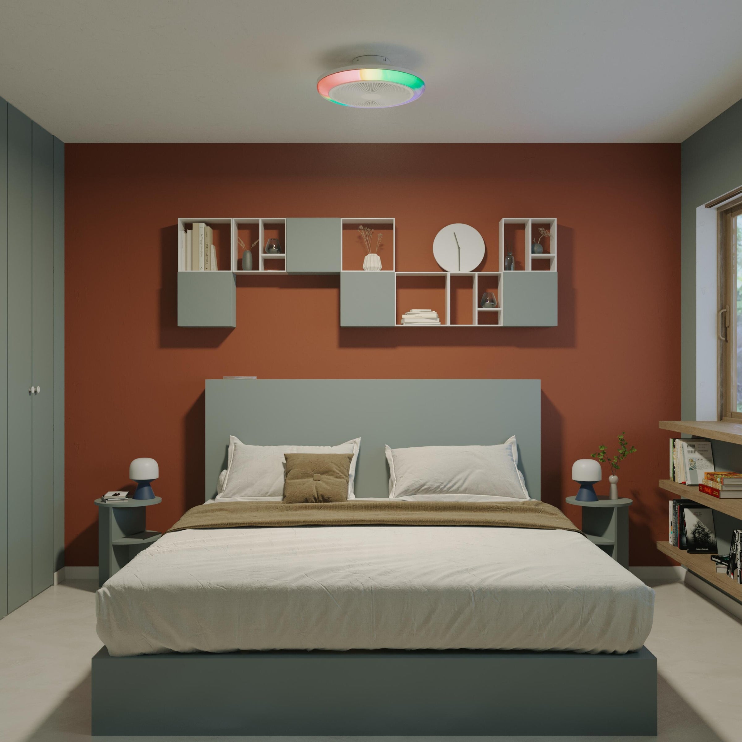 Patna ceiling light with fan, white plastic, D48 cm, LED 2300lm CCT dimmable RGBW