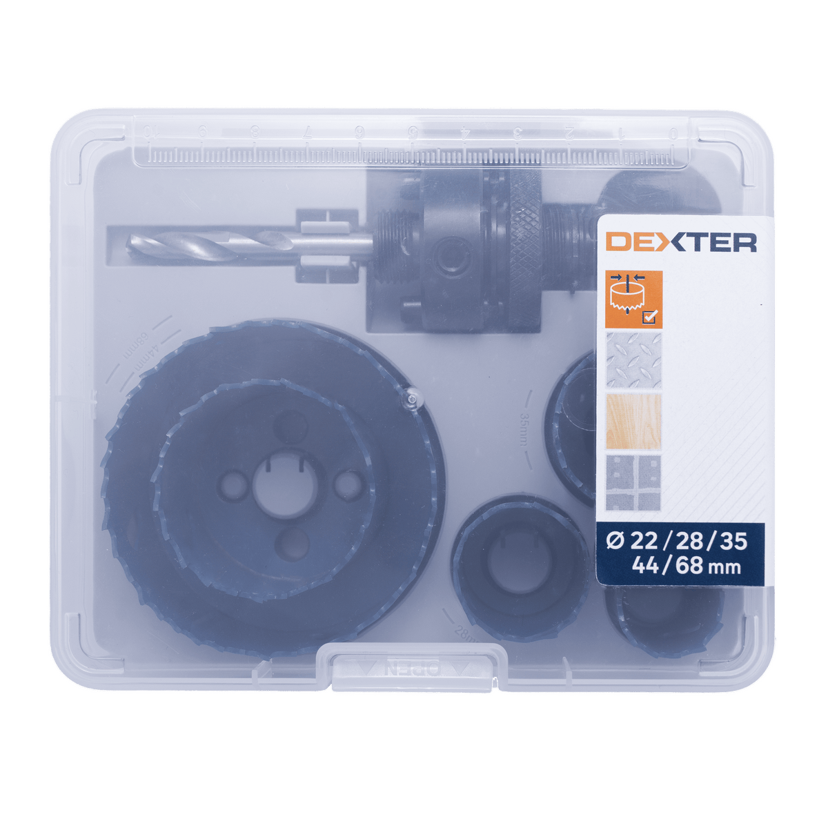 Dexter hole saw set, diameters 22–38–35–44–68 mm, for wood, plastic and metal