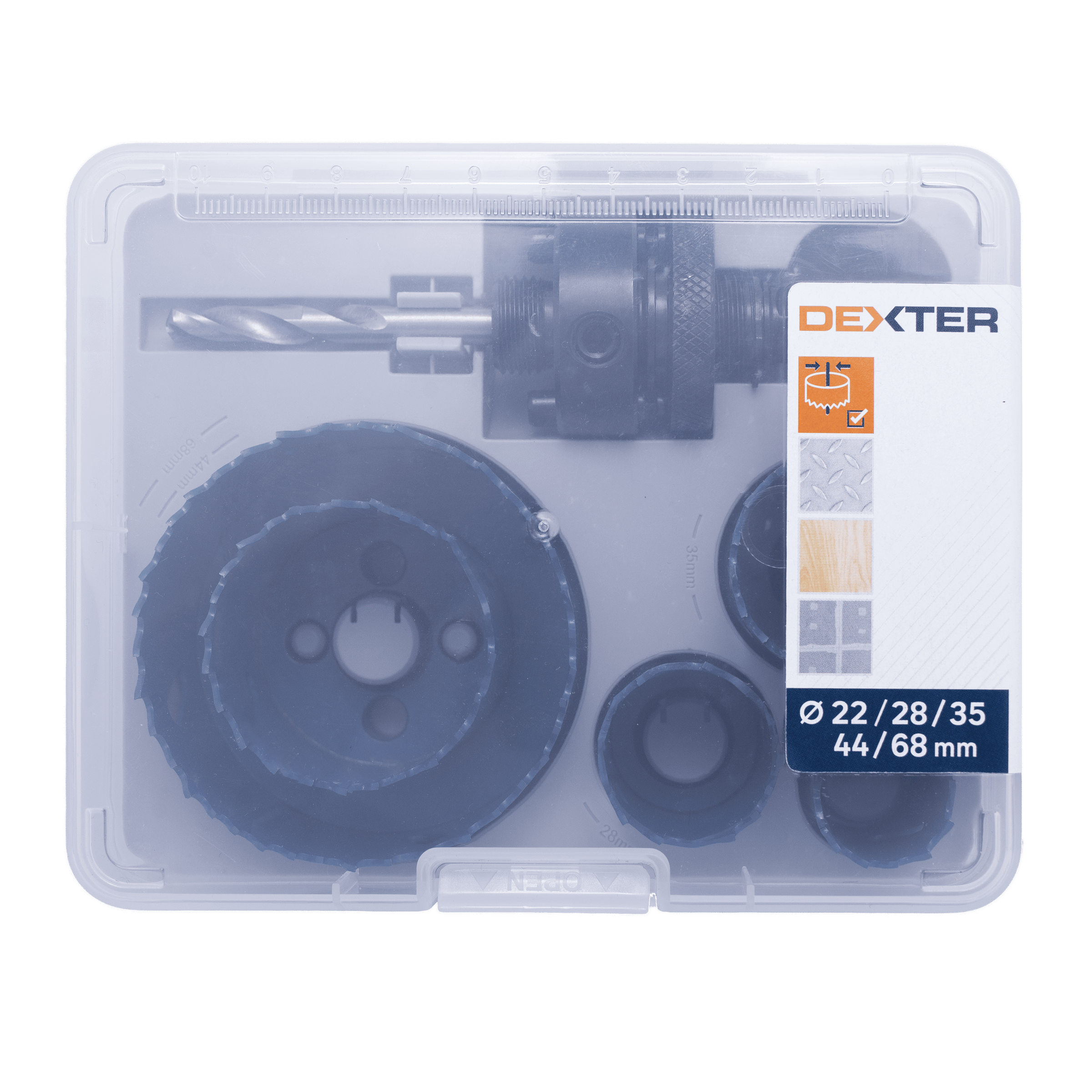 Dexter hole saw set, diameters 22–38–35–44–68 mm, for wood, plastic and metal