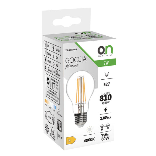 E27 LED bulb (equivalent to 60W), clear teardrop shape, natural light