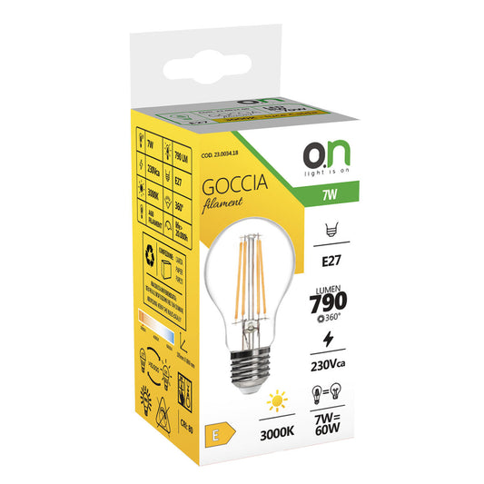 E27 LED bulb (equivalent to 60W), clear teardrop shape, warm white light
