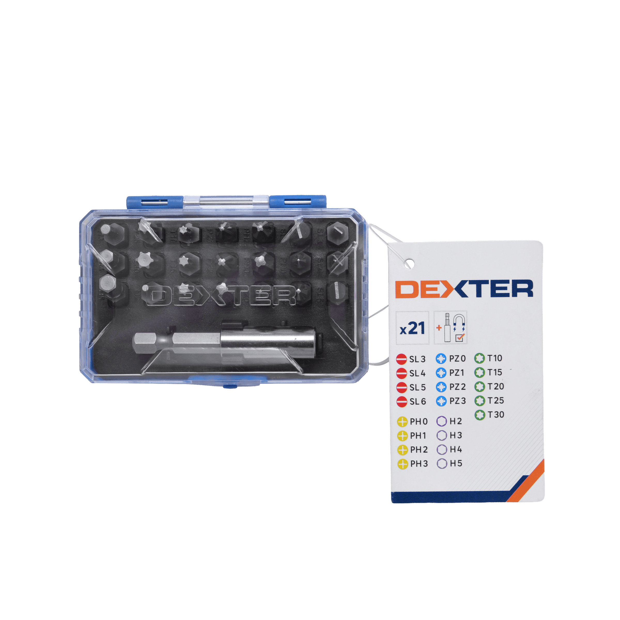 Set of 21 25mm Dexter bits + magnetic bit holder