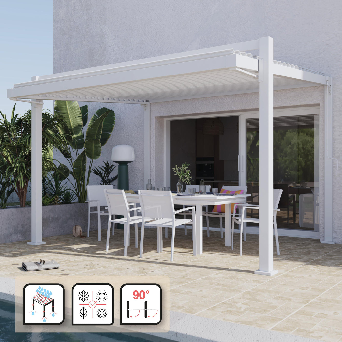 Clima Odyssea bioclimatic pergola in white Naterial aluminium, 319 x 380.5 cm