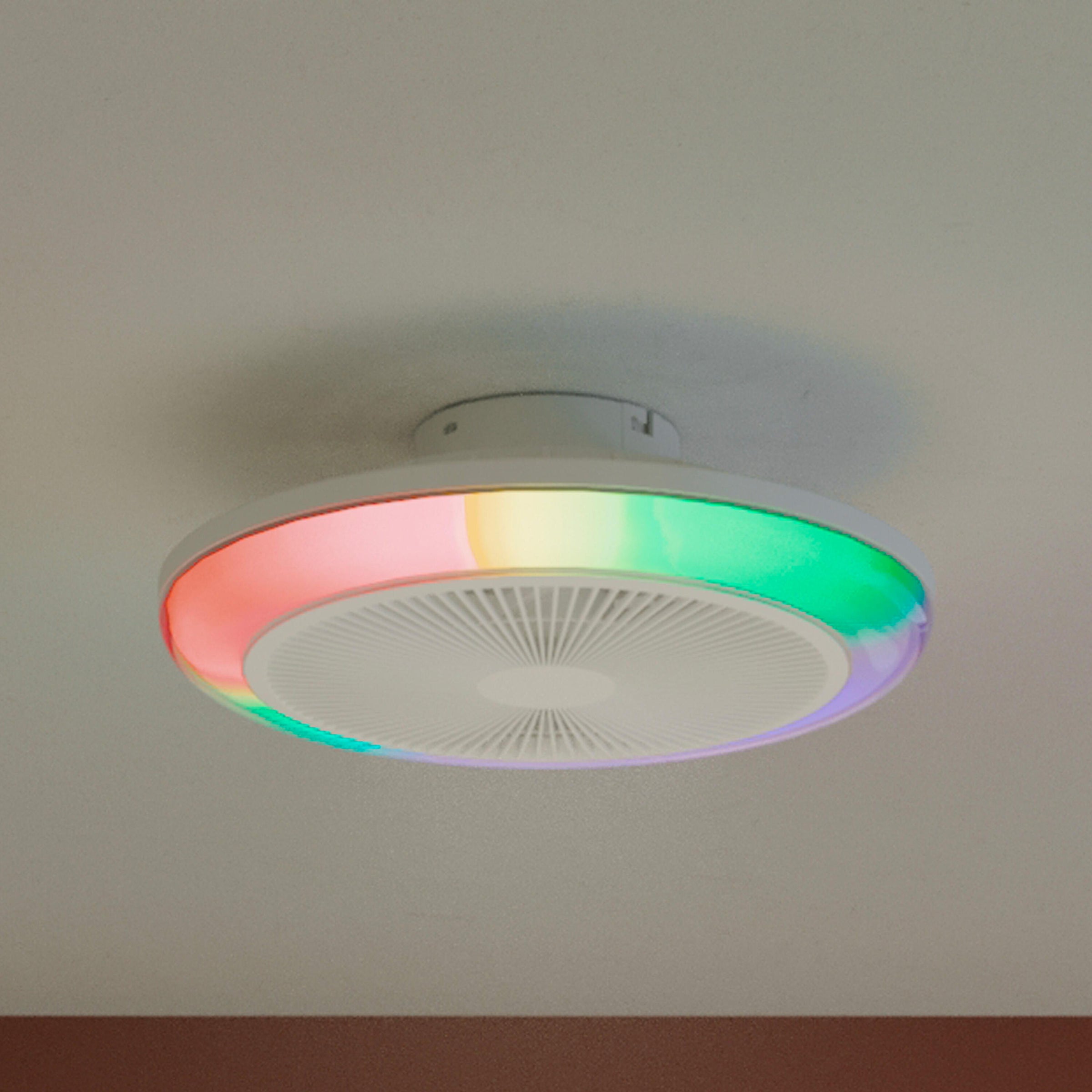 Patna ceiling light with fan, white plastic, D48 cm, LED 2300lm CCT dimmable RGBW