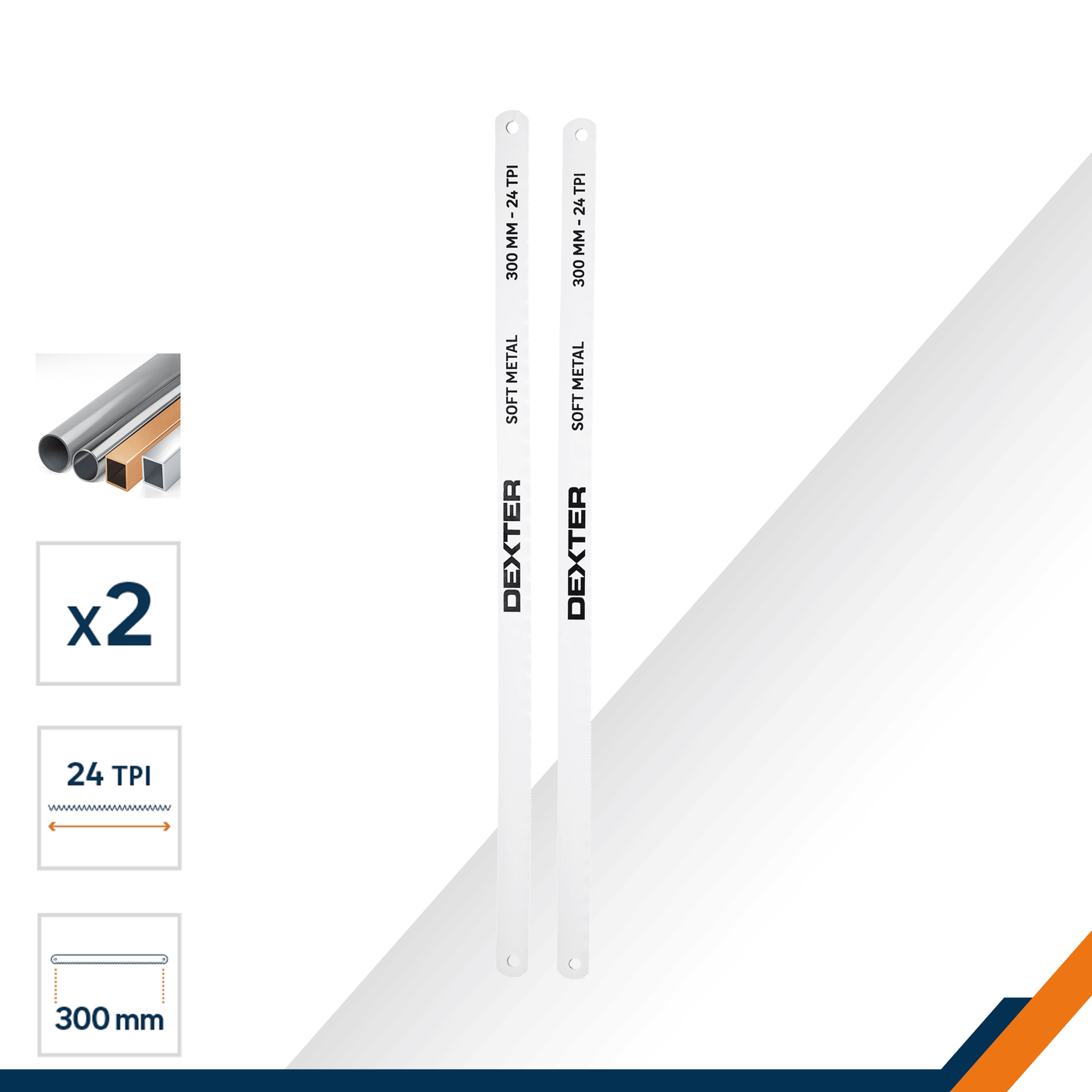 2 Dexter 300 mm replacement blades for a 24 tpi metal-cutting bow saw