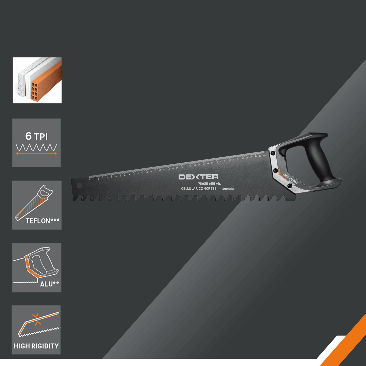 Dexter Pro 500mm saw for concrete, tuff and aerated concrete; ergonomic handle; steel blade
