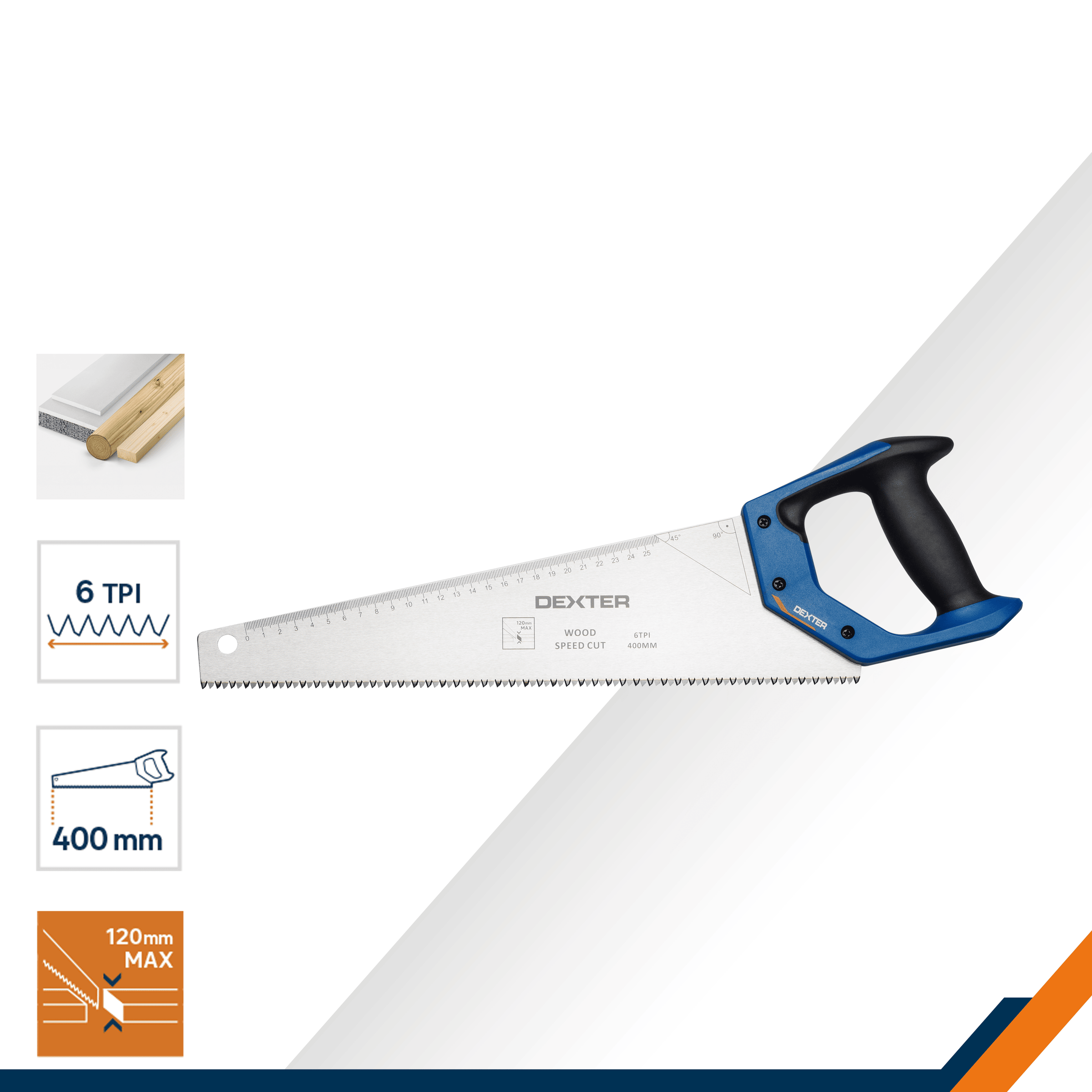Dexter 400mm wood saw for medium-duty cutting, with ergonomic handle and steel blade