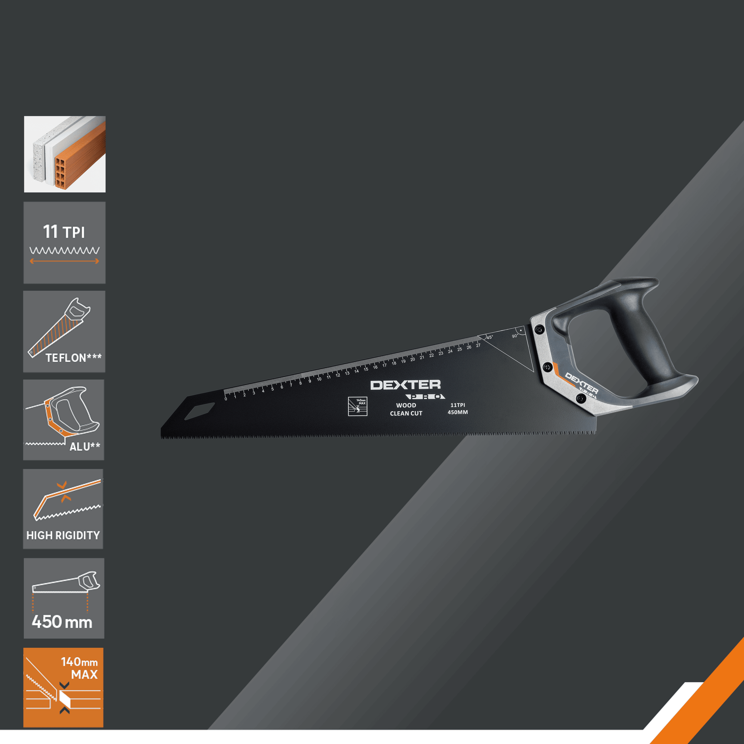 Dexter Pro 450mm wood saw for fine cuts, with ergonomic handle and steel blade