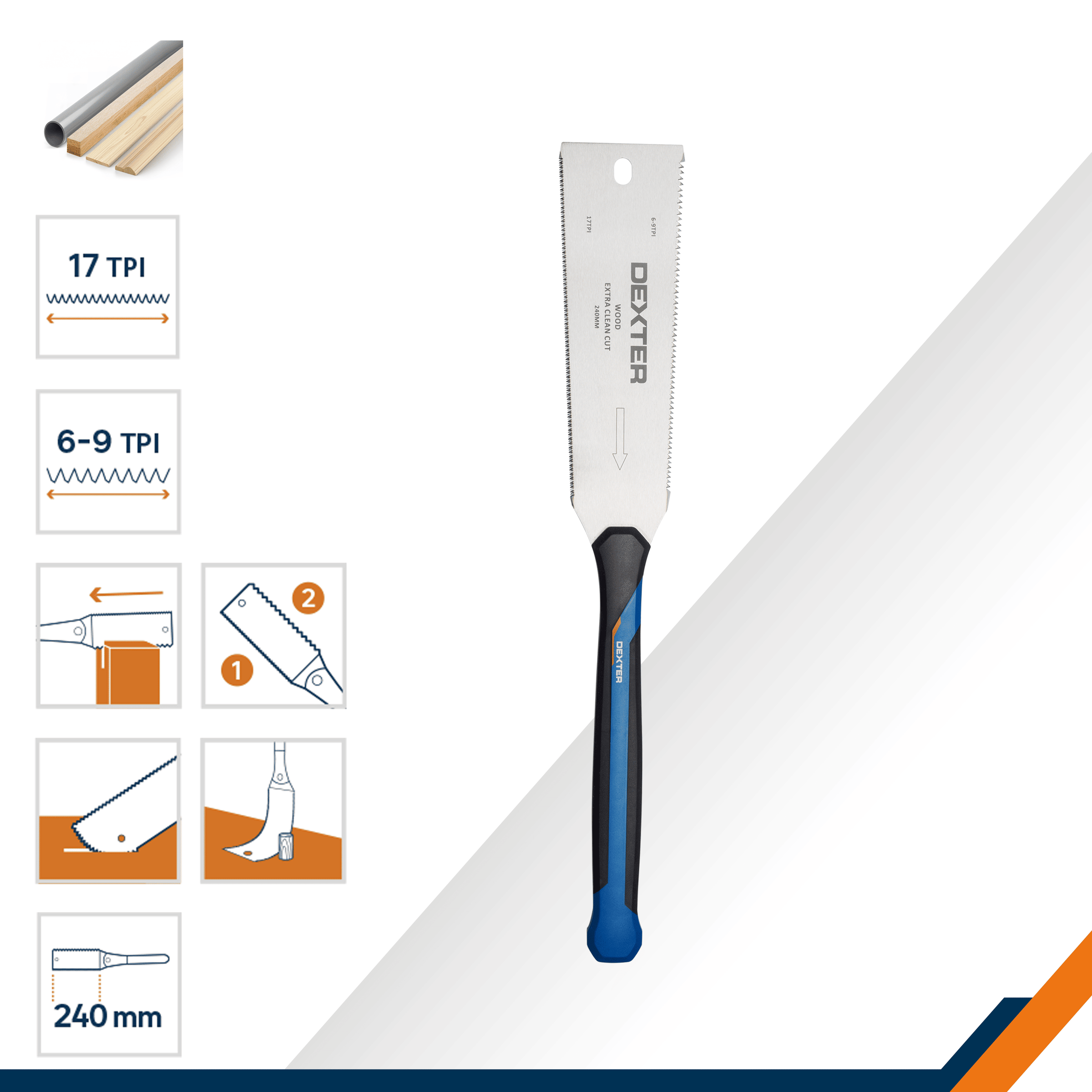 Japanese Dexter 140mm saw for medium and fine-grained wood, with an ergonomic handle and a steel blade