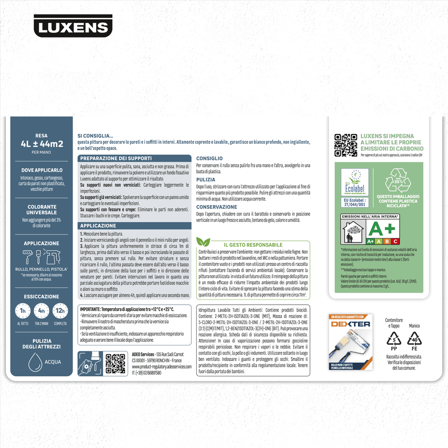 Luxens decarbonated washable white paint, 4 litres