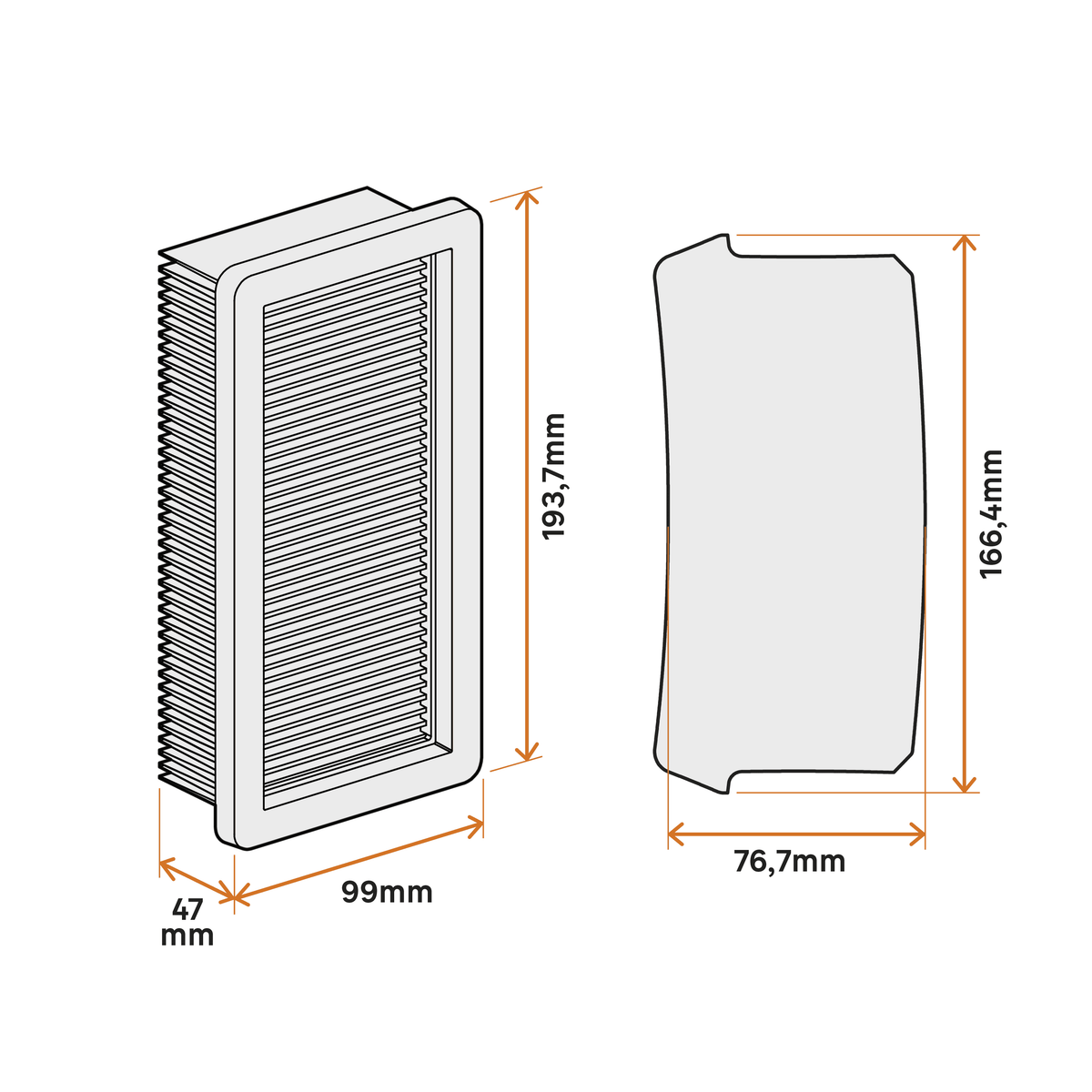 Cartridge filter for Dexter 20-litre vacuum cleaner, dimensions 193 x 99 x 47 mm