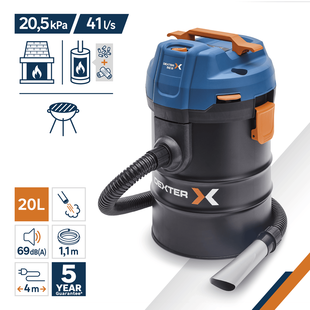 Aspiratore/ aspiracenere da 20 l. dexter 1400 w con serbatoio in metallo