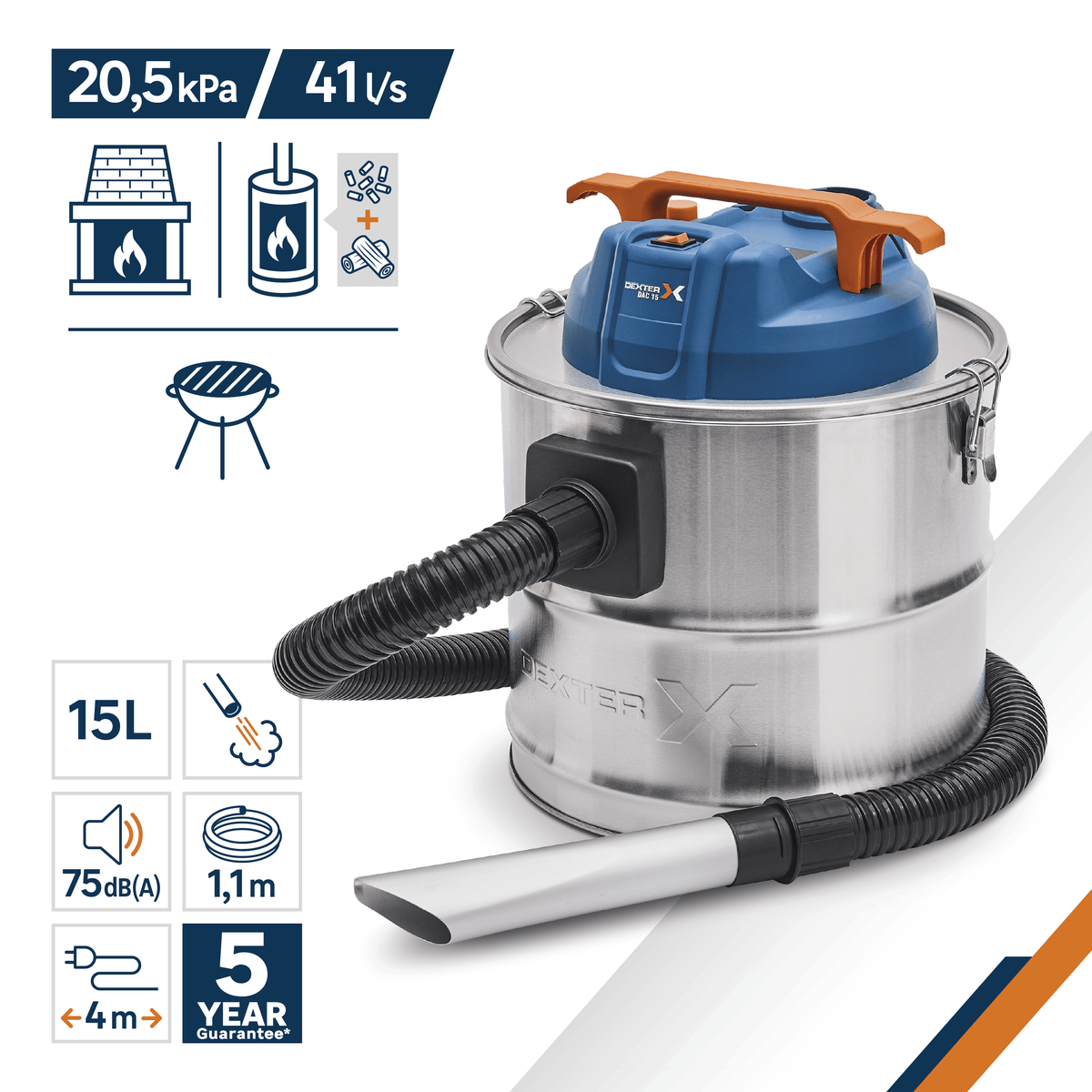 15-litre vacuum cleaner/ash extractor, Dexter 1100 W, with metal tank