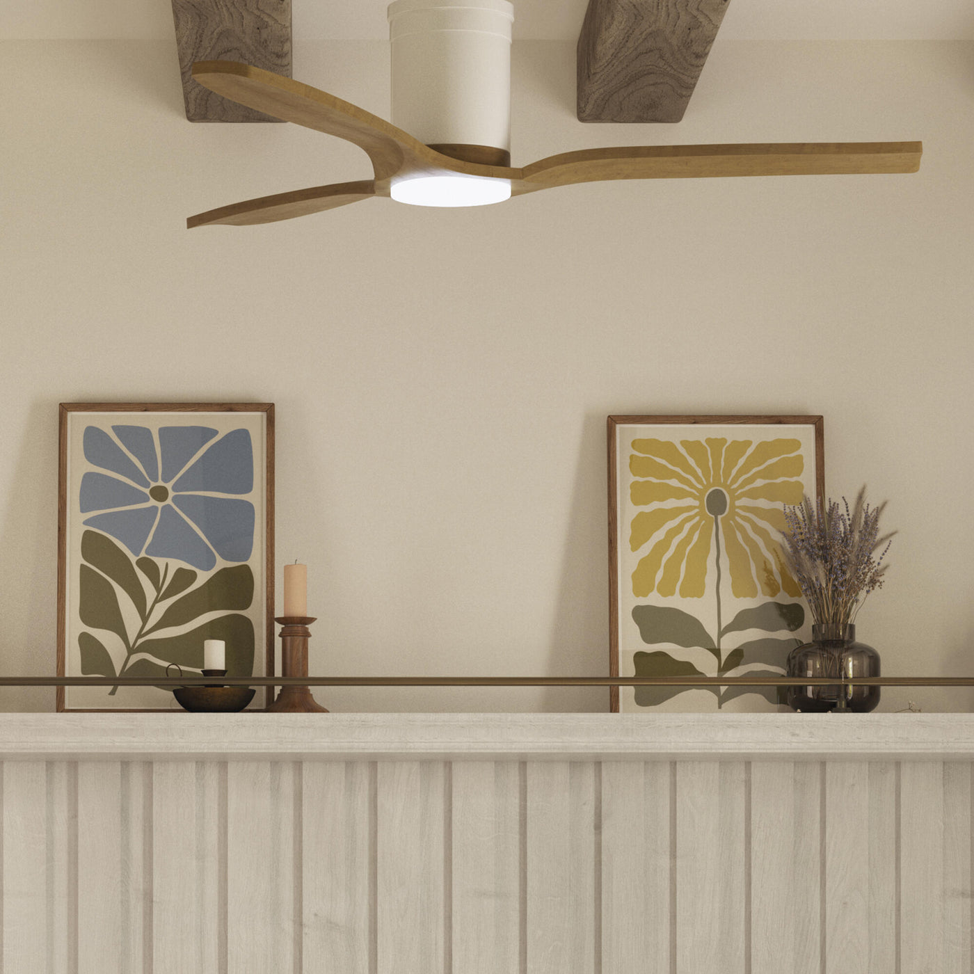 Ventilatore da soffitto gupini metallo legno chiaro d122 cm le 2700lm cct dimmeraile ip44