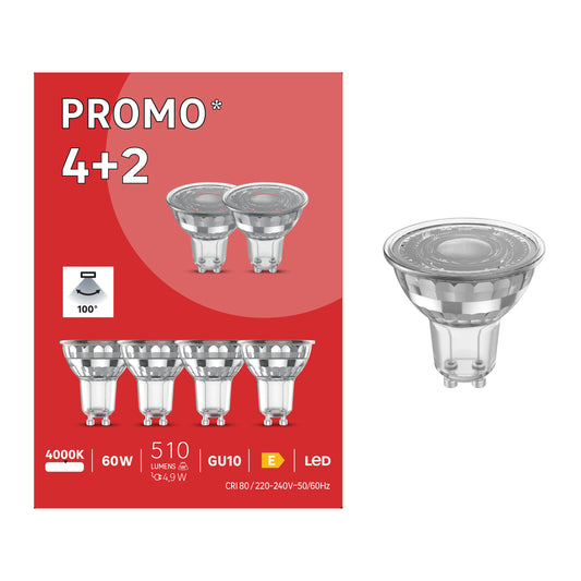 Set of 4+2 GU10 LED bulbs = 45W, natural light