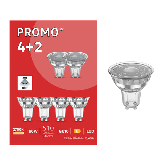 Set of 4+2 GU10 LED bulbs (equivalent to 45W), warm white