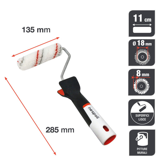 Teflon-coated paint roller for smooth walls, with soft-touch handle, diameter 30 mm, length 11 cm