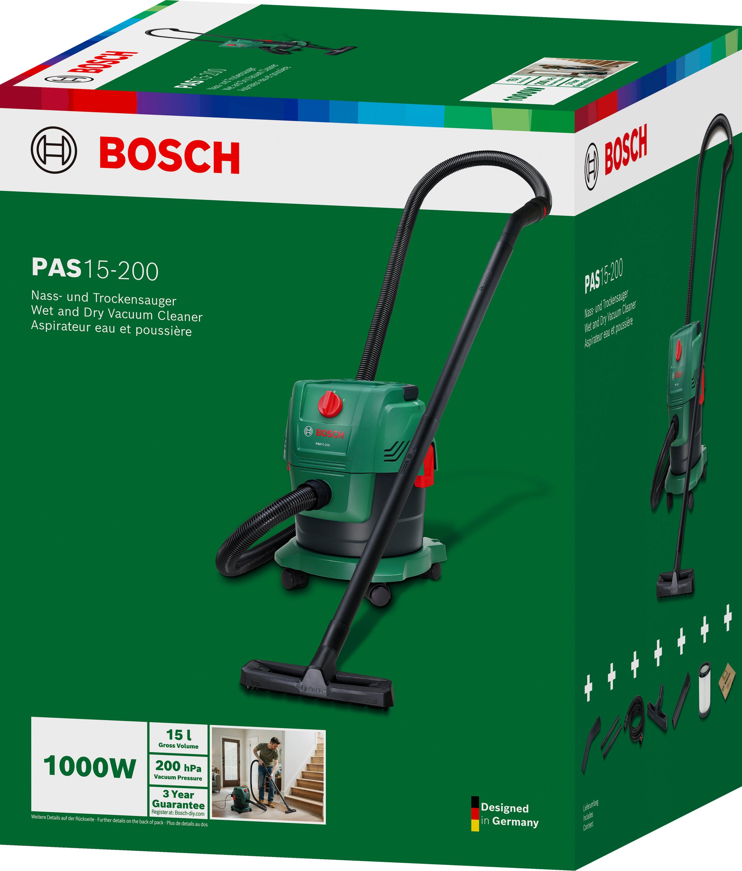 1000-watt universal wet and dry vacuum cleaner with blow function, capacity of