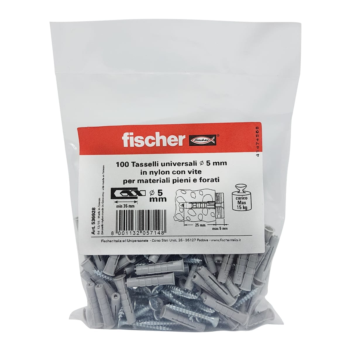 Bricocenter 5MM DOWELS WITH 100 FISCHER SCREWS, 100 PIECES